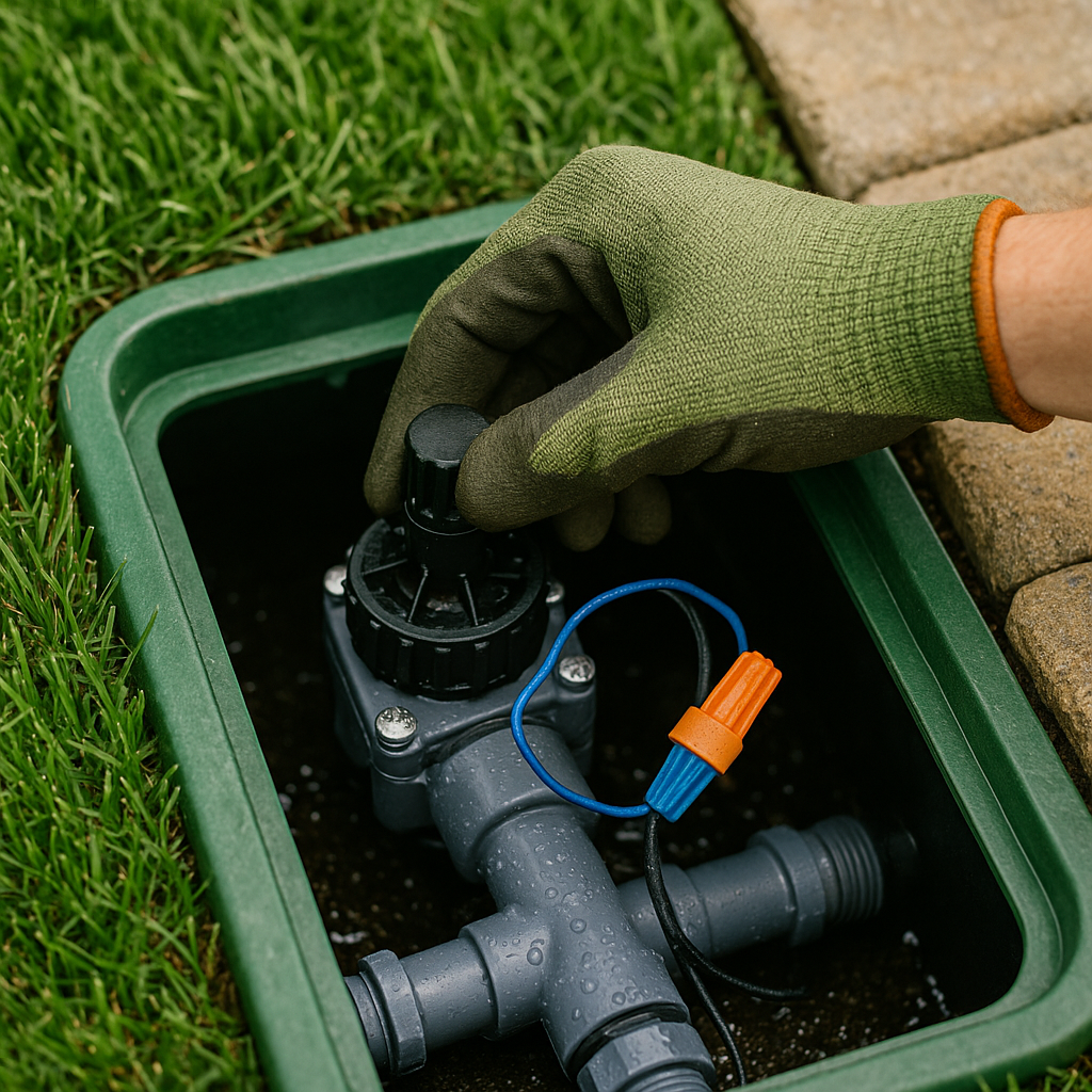 A person's hand wearing a green gardening glove adjusting a black valve or control knob inside a green outdoor irrigation system box. There are connected pipes and wires, with water droplets on the pipes and surrounding area.