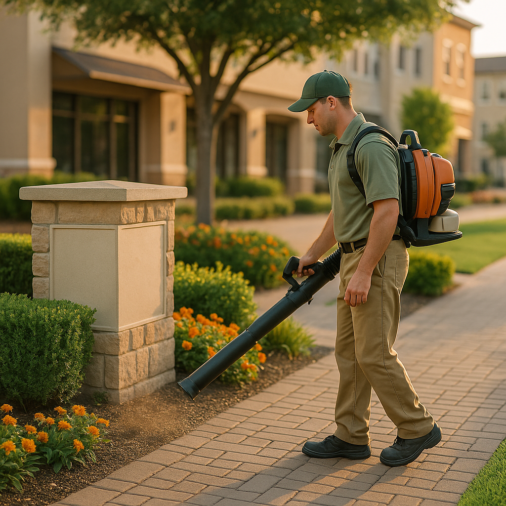 A man with a backpack and cap using a leaf blower to clean the sidewalk in a residential neighborhood during the daytime.