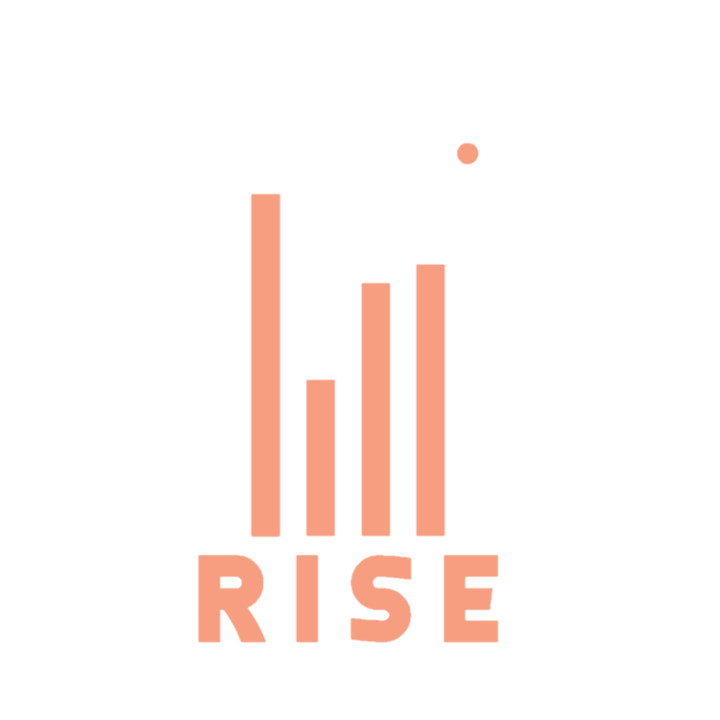 Minimalist graphic with rising vertical bars and the word 'RISE' below in peach color.