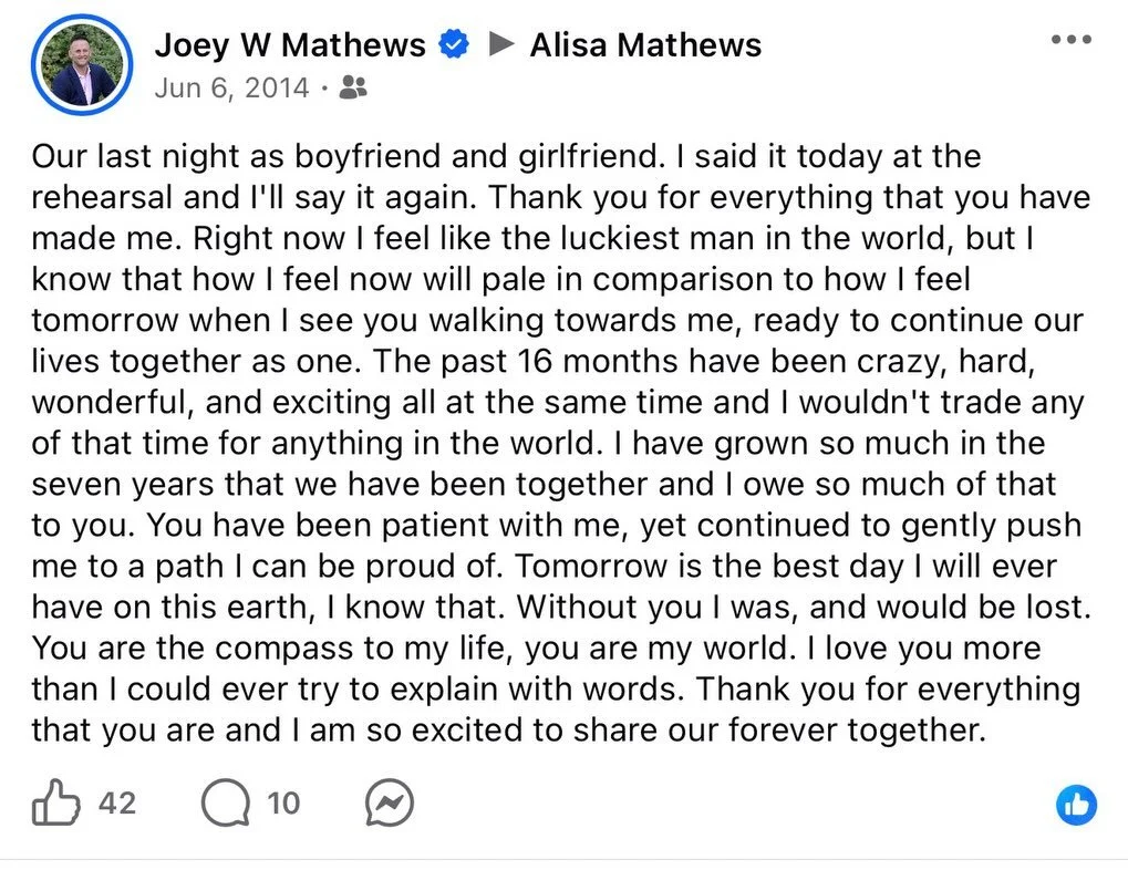 On the eve of our wedding, a younger version of me wrote a letter to his bride.

Today marks 12 years ofmarriage, and reading those words again reminds me how excited I was to spend my life with this incredible woman.

Over the years, we&rsquo;ve exp