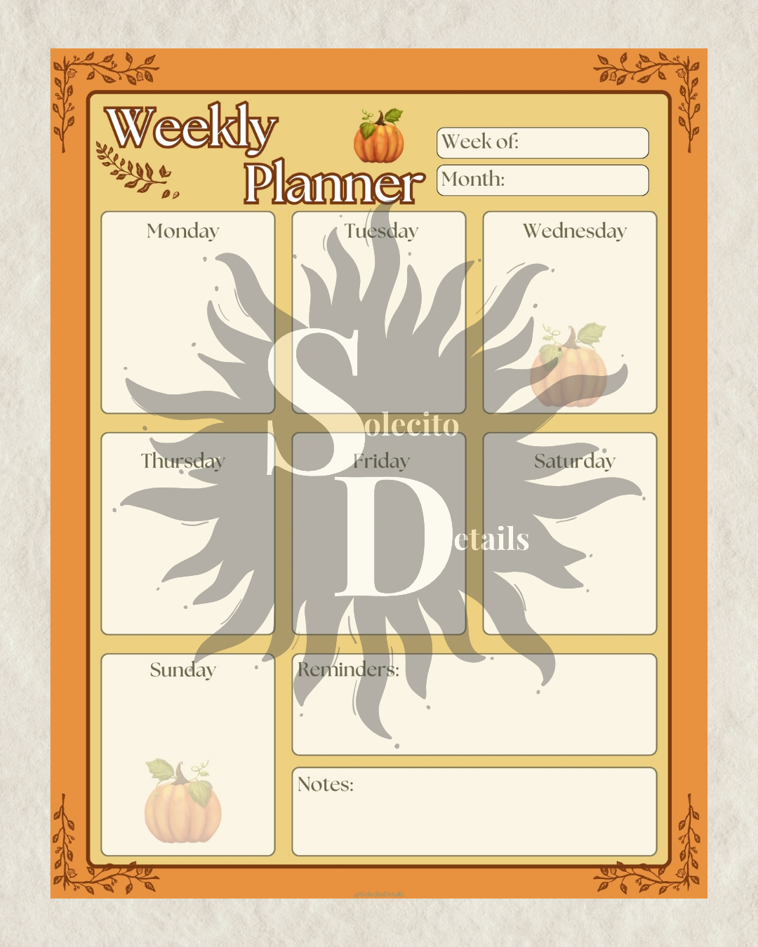 Pumpkin printable PDF weekly planner