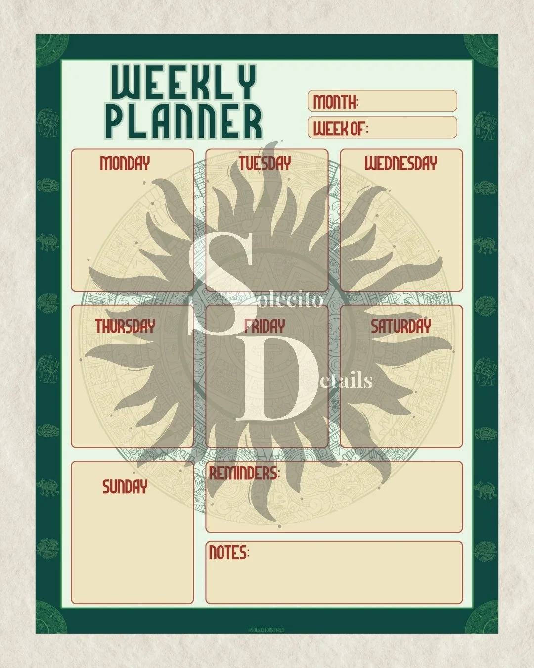 Raíces Mexican inspired editable Canva planner bundle with green cream and red daily planner weekly planner