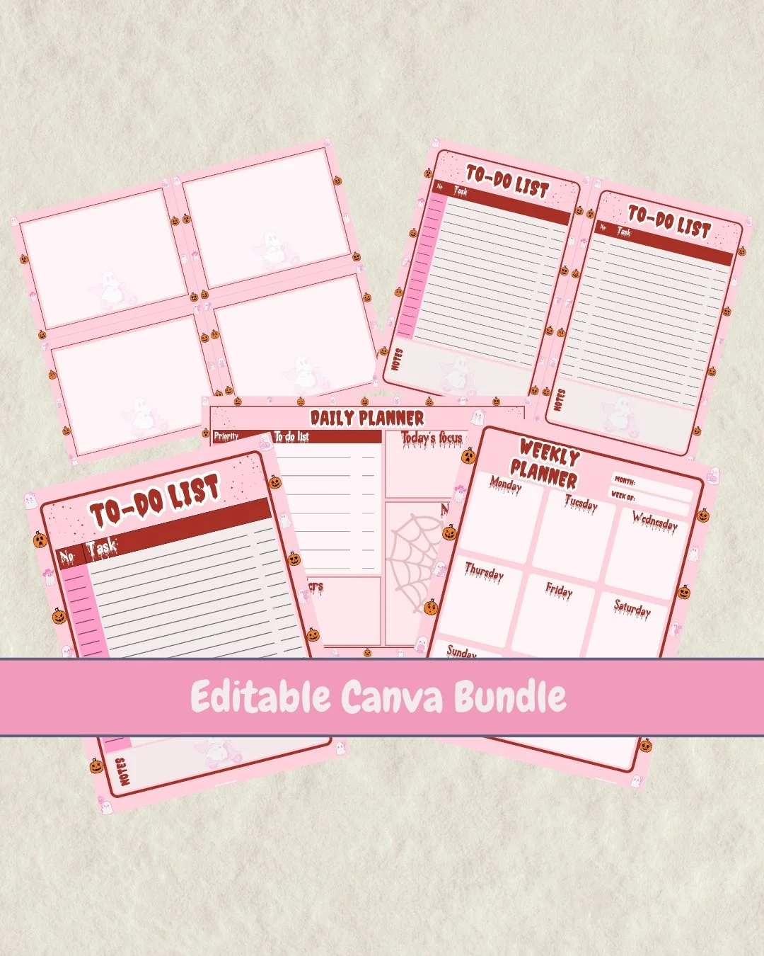 Pink Boo Halloween Editable Canva Planner Bundle