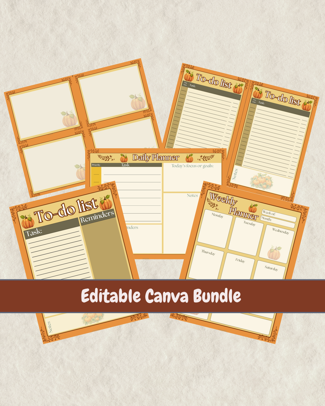 Editable pumpkin Canva planner bundle with daily planner, weekly planner, to-do lists and note cards