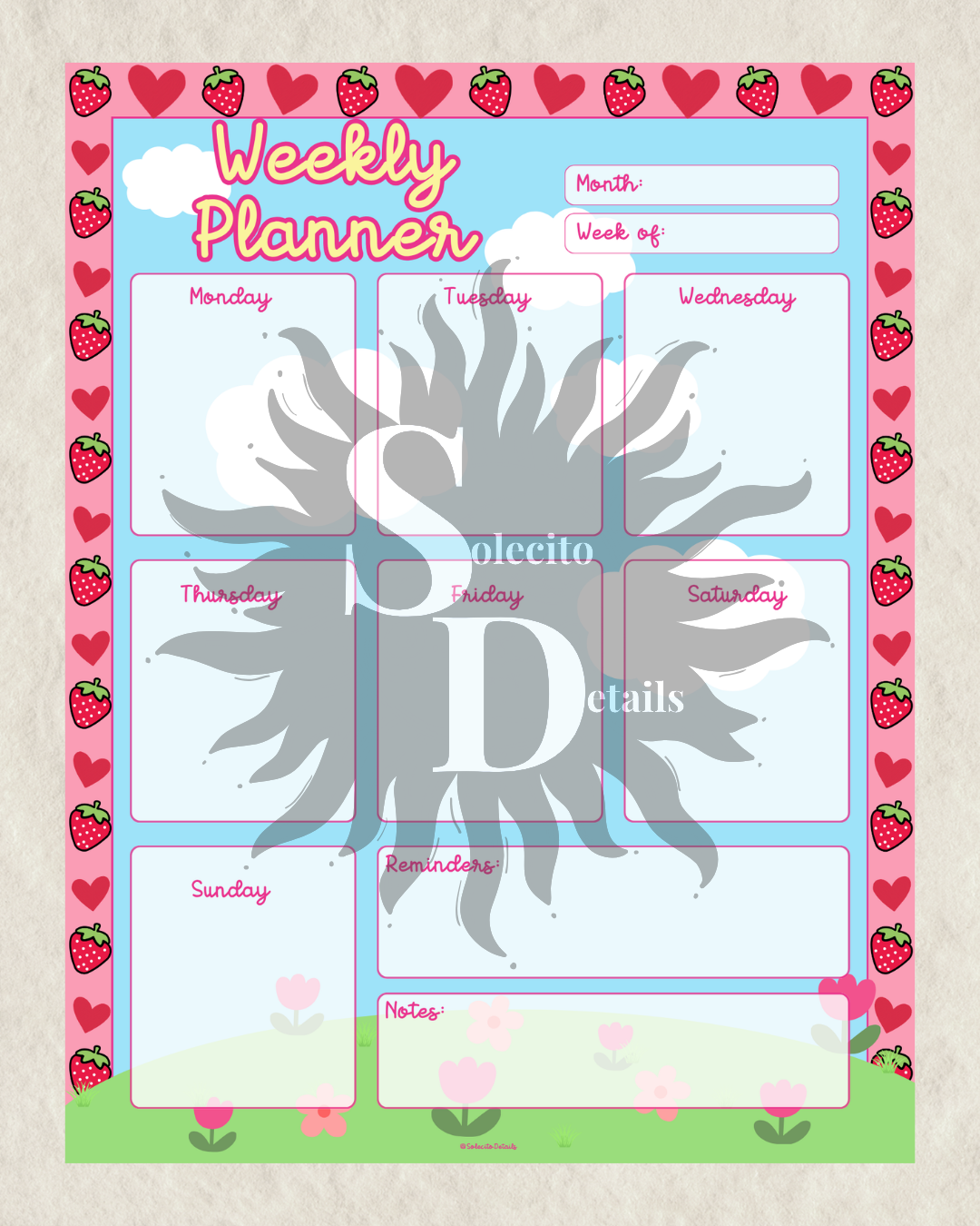Editable Strawberry Kawaii Canva planner bundle with pink and blue daily planner