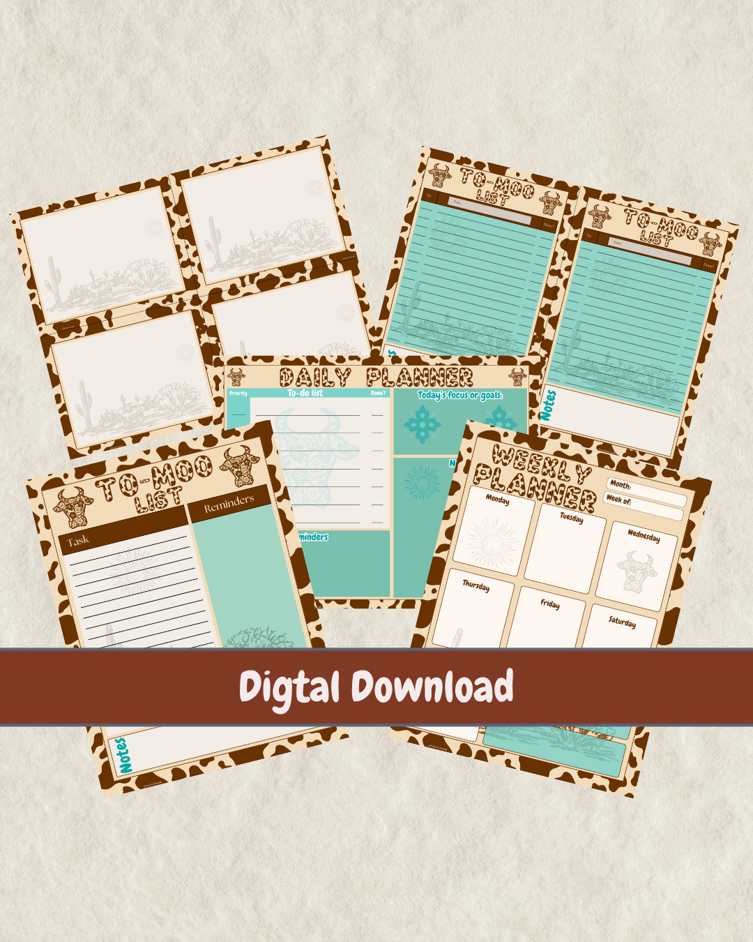Western Cow printable planner bundle with cow print, turquoise accents, cactus illustrations, daily planner, weekly planner and to-do lists