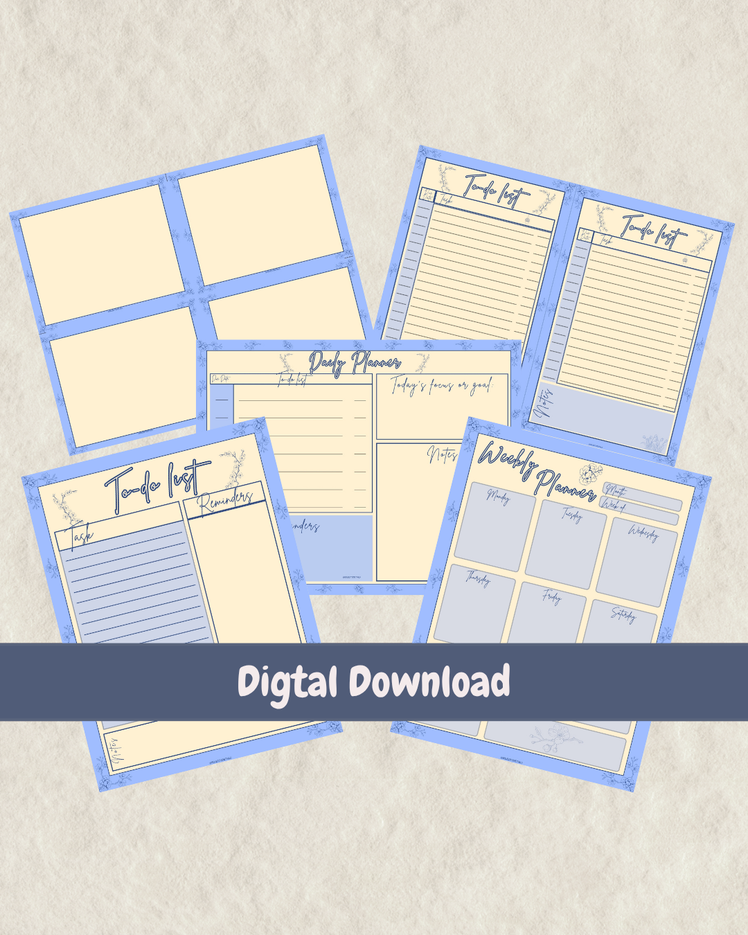 Baby Cherry Blossom printable planner bundle with blue floral daily planner, weekly planner, to-do lists and note cards