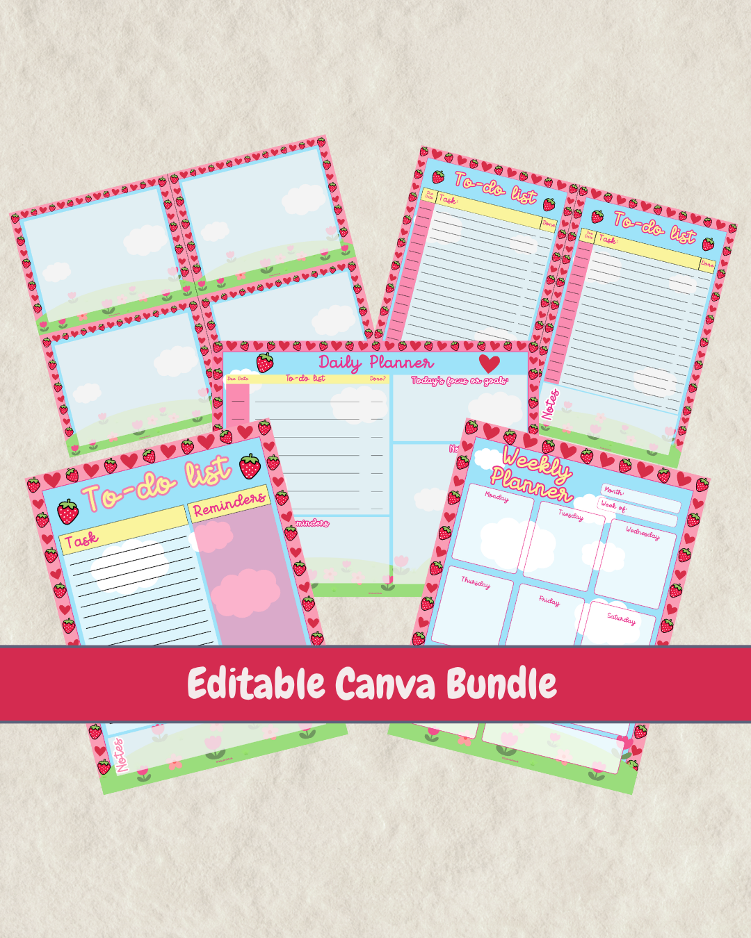Editable Strawberry Kawaii Canva planner bundle with pink and blue daily planner, weekly planner, to-do lists and note cards