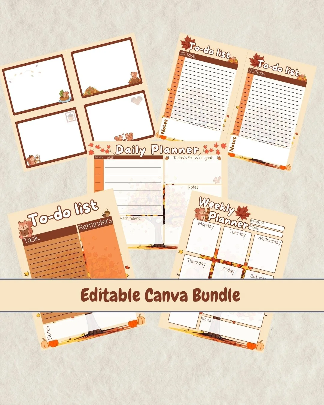 Autumn Squirrel Editable Canva Planner Bundle