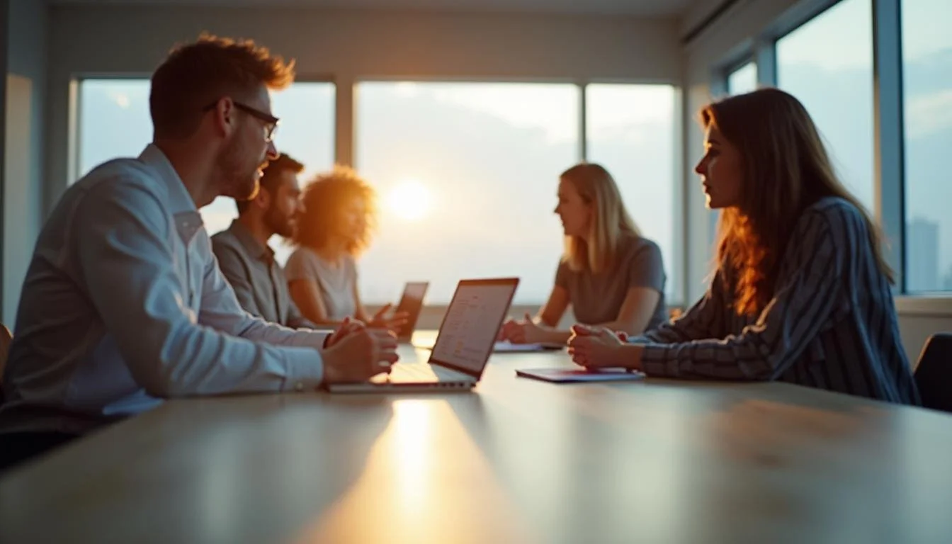 People sitting at a conference table in a meeting room with large windows and sunlight streaming in.