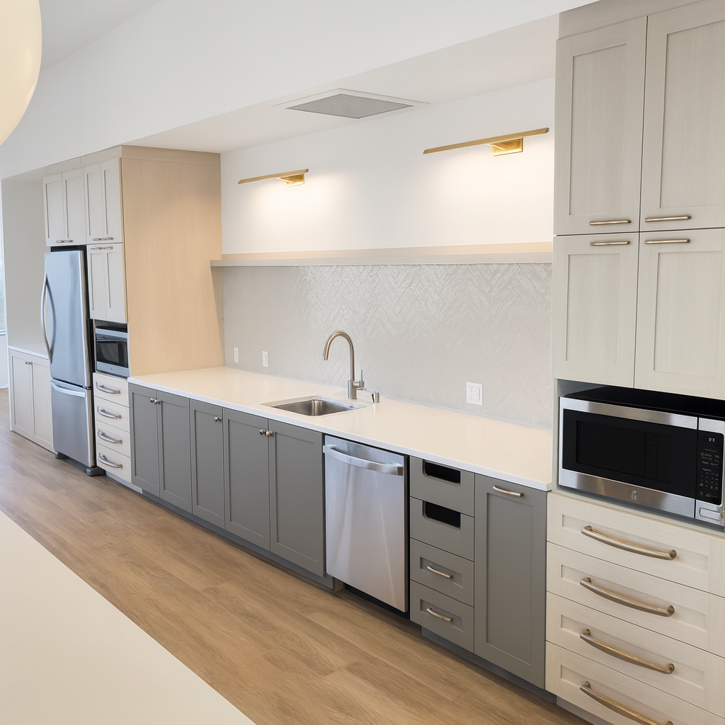 Modern kitchen with light-colored cabinets, stainless steel appliances including a refrigerator, microwave, and dishwasher, and a single sink. The countertop is white, and the backsplash features a subtle textured pattern. There are gold accents on t