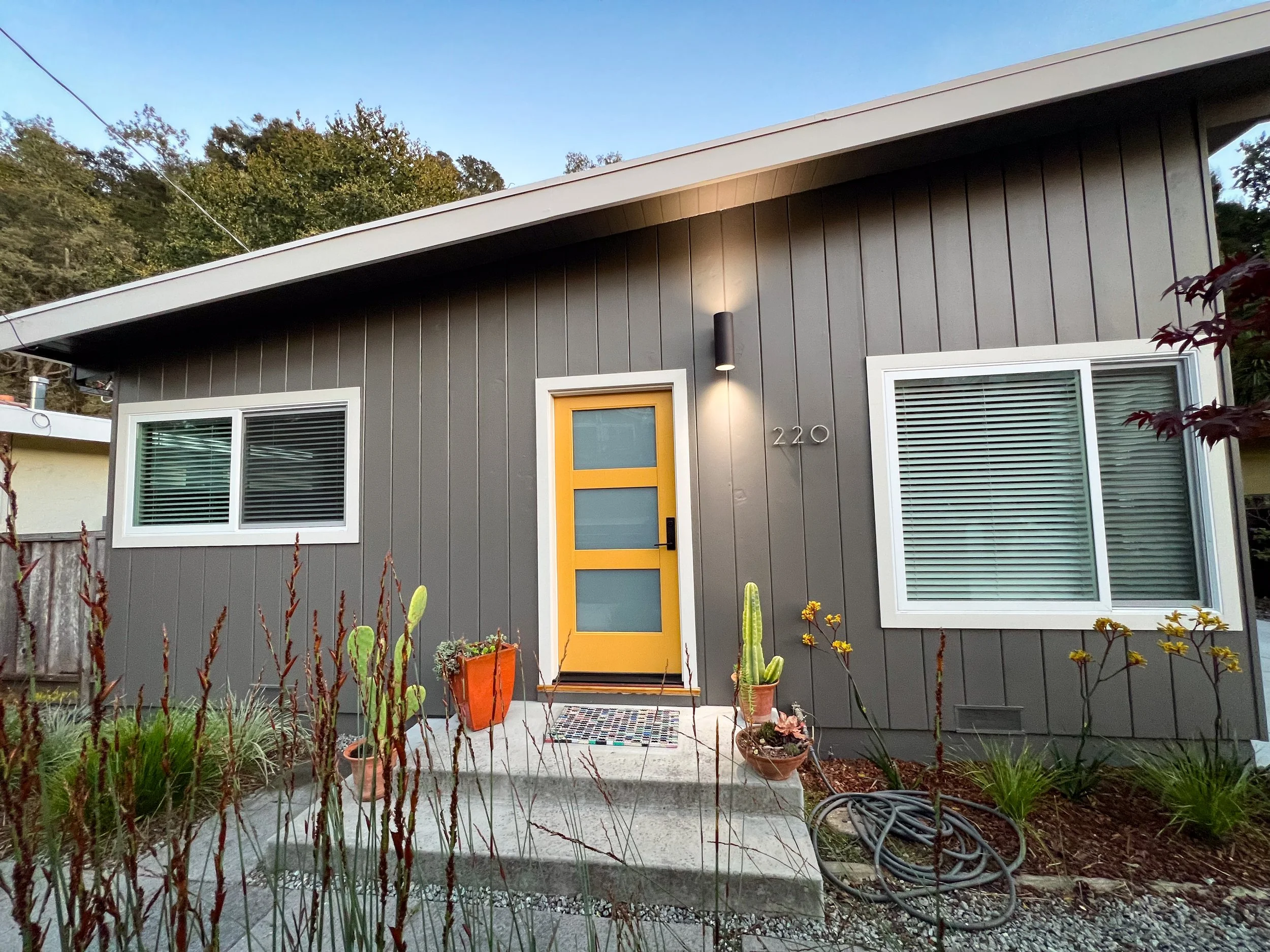 Front of a modern gray house with a yellow door, two large windows with white frames, plants and cactus in pots, a garden hose, and house number 220.