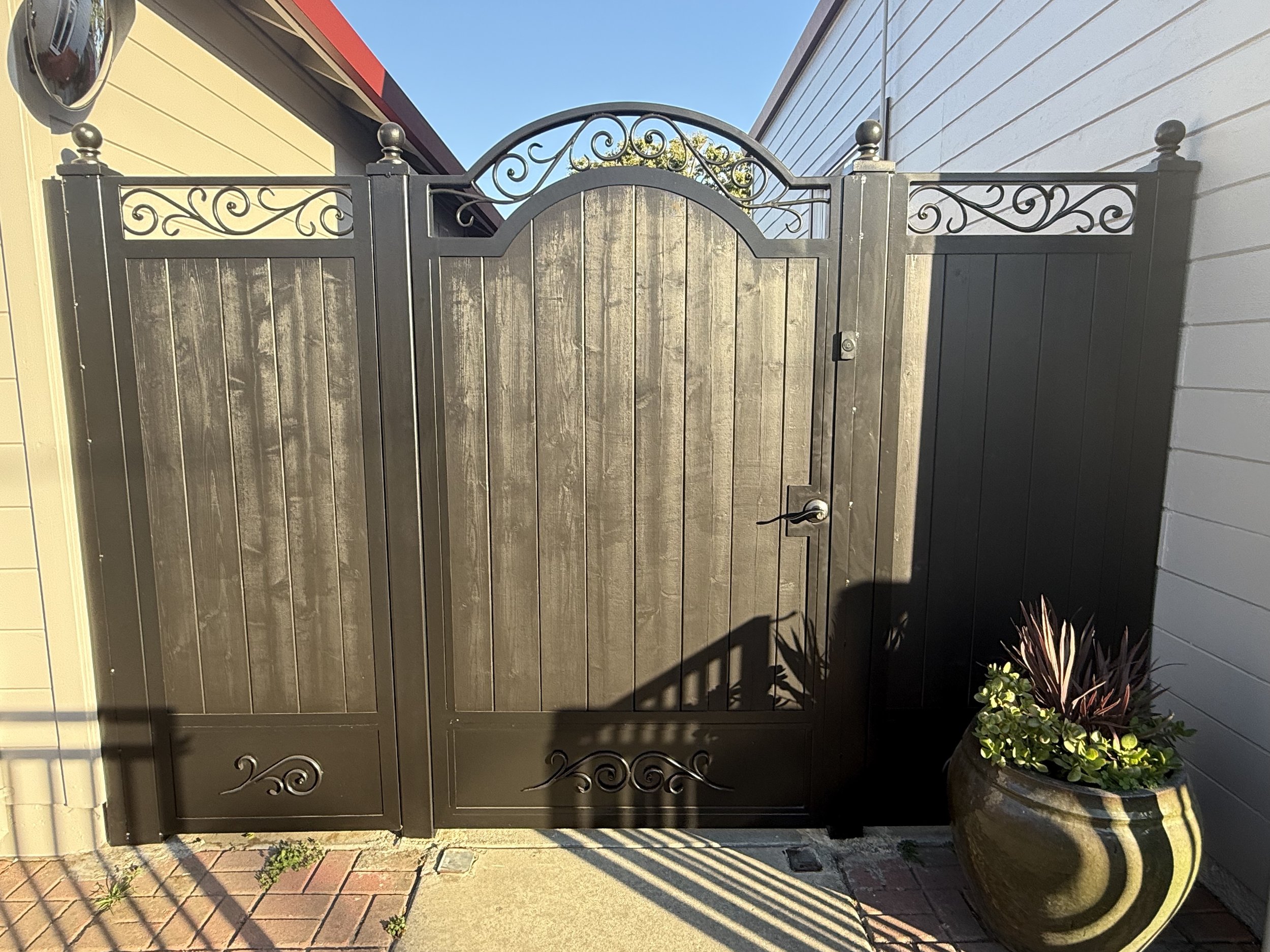 Black metal gate with decorative scrolls, a wooden panel, and a large potted plant with green and purple leaves on the right side. Shadows are cast on the ground during daytime.