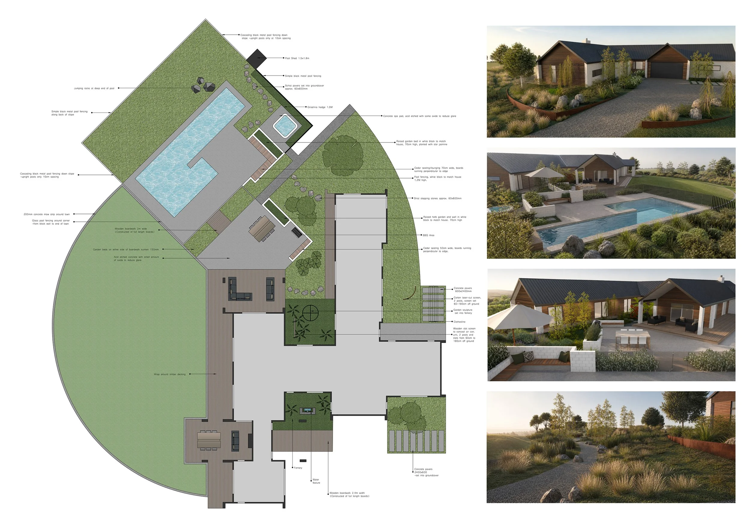 Landscape Design plan for a house in Cambridge, Waikato, including a pool, garden beds, and outdoor seating areas. The plan details various fencing, planting, and hardscape elements with annotated descriptions and realistic renders.