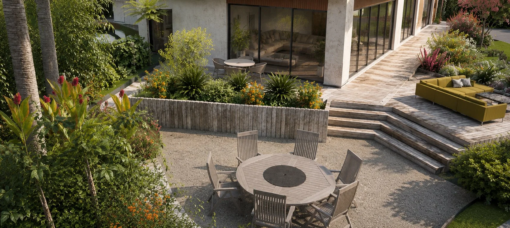 Realistic renders of a Landscape design which includes a sunken courtyard and tropical garden for a site in Raglan, Waikato design by Keucke Studio