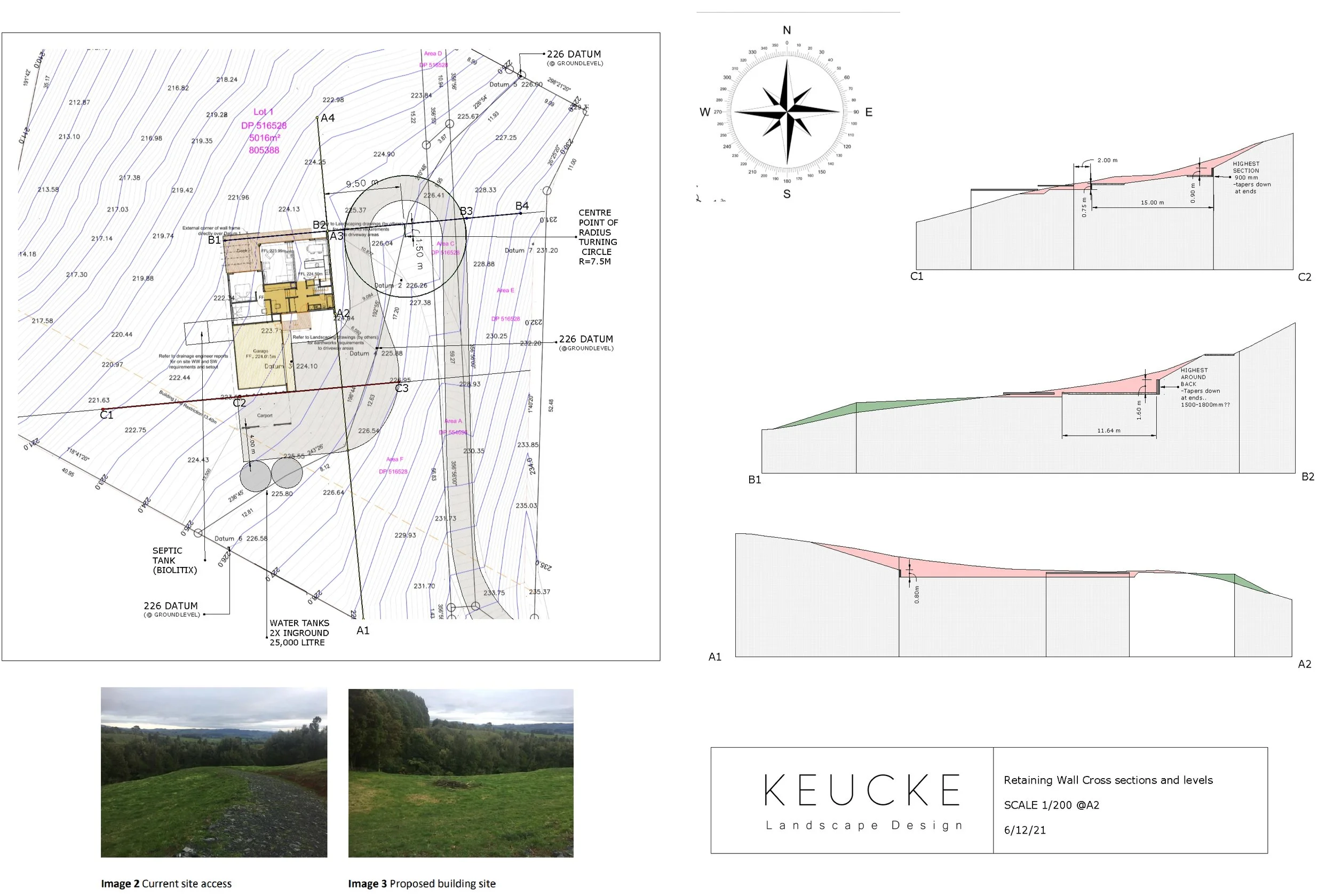 Site plan and elevation drawings for a landscape design project, including contour lines, building footprint, water tanks, septic tank, and visualizations of proposed landscape changes.