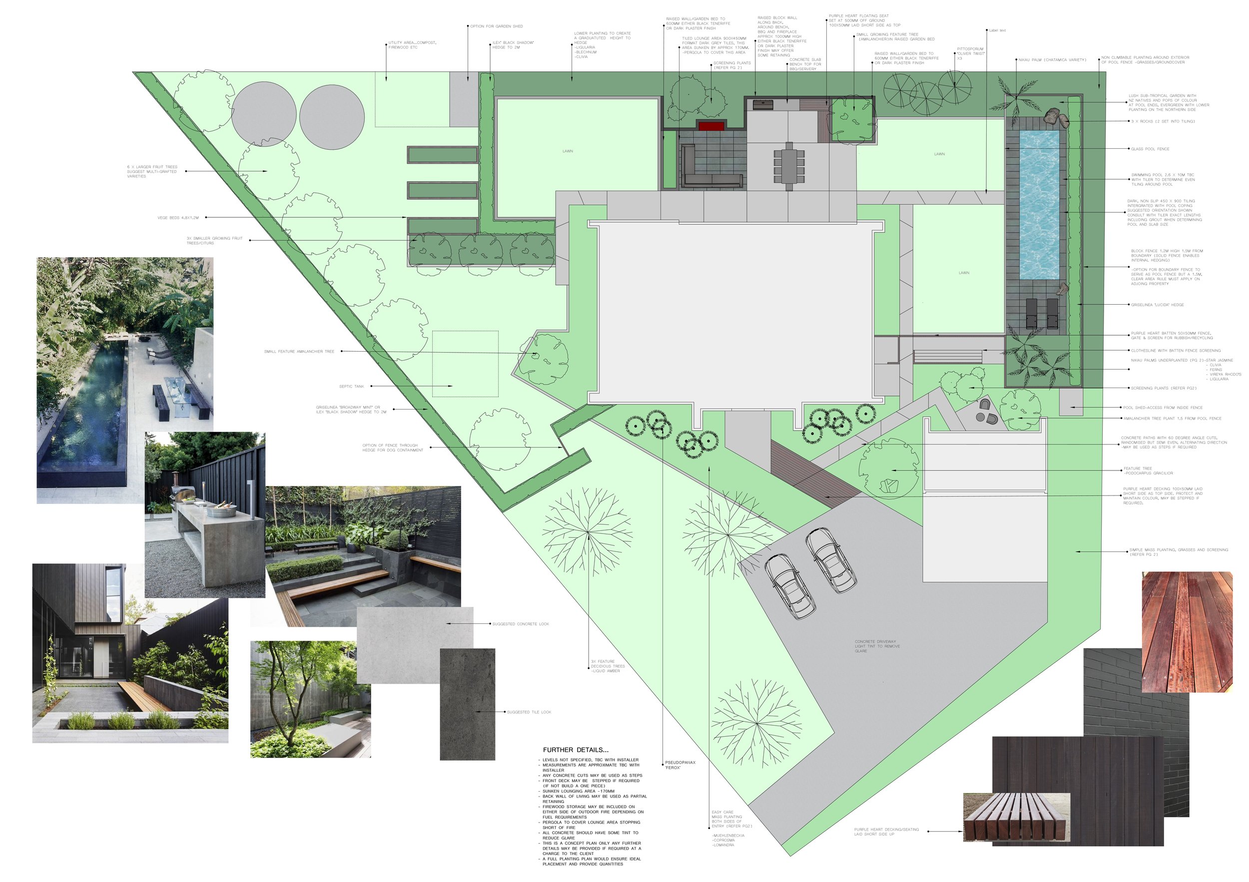 Architectural landscape plan with green lawns, trees, bushes, flower beds, a pool, and outdoor furniture, including benches and a dining table, along with photographs of modern outdoor design features such as a water fountain, seating area, and wood decking.