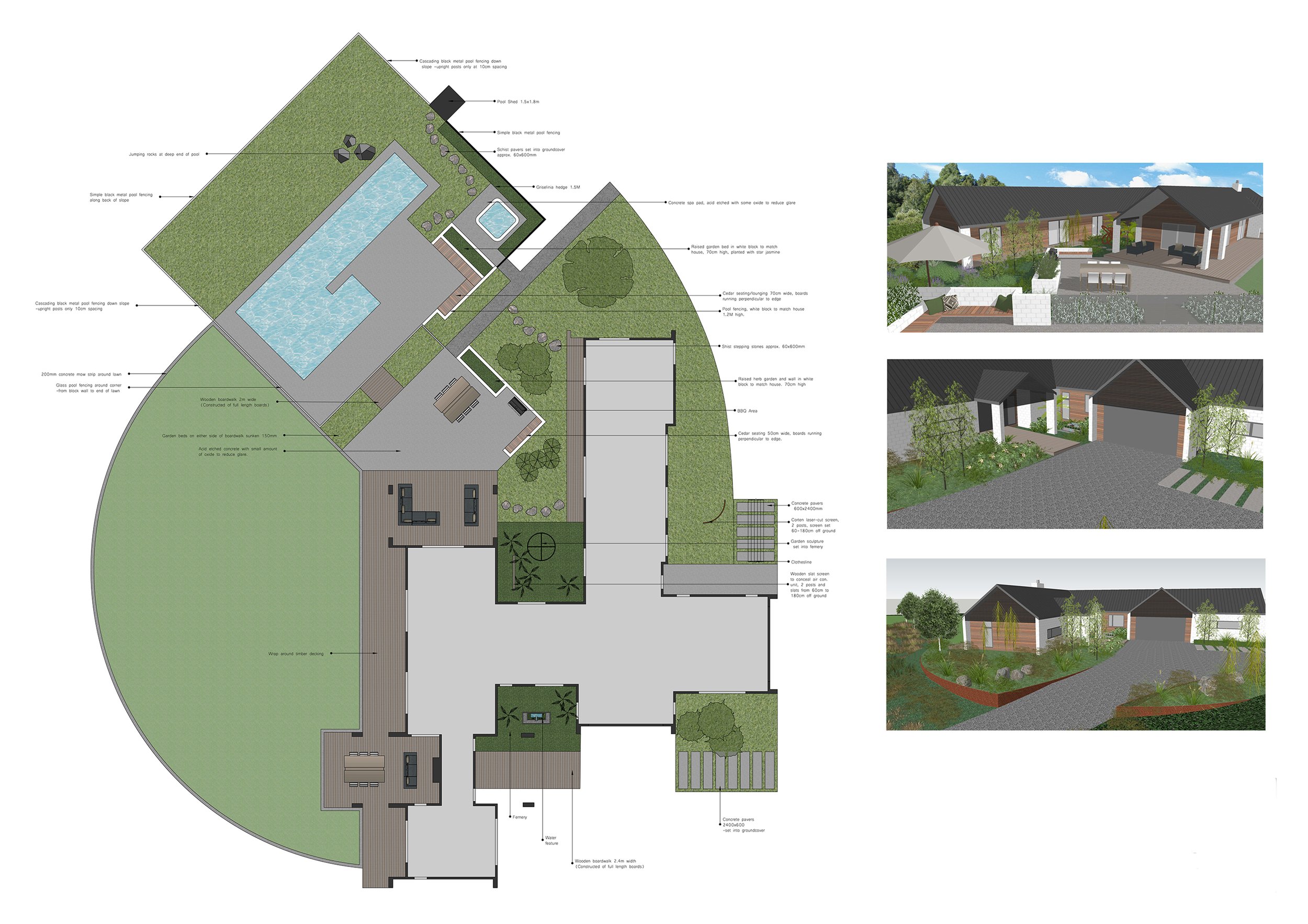 Architectural design plan for a backyard with a swimming pool, pool fencing, gardens, a patio, and outdoor seating, along with several 3D renderings of the completed landscape and house.