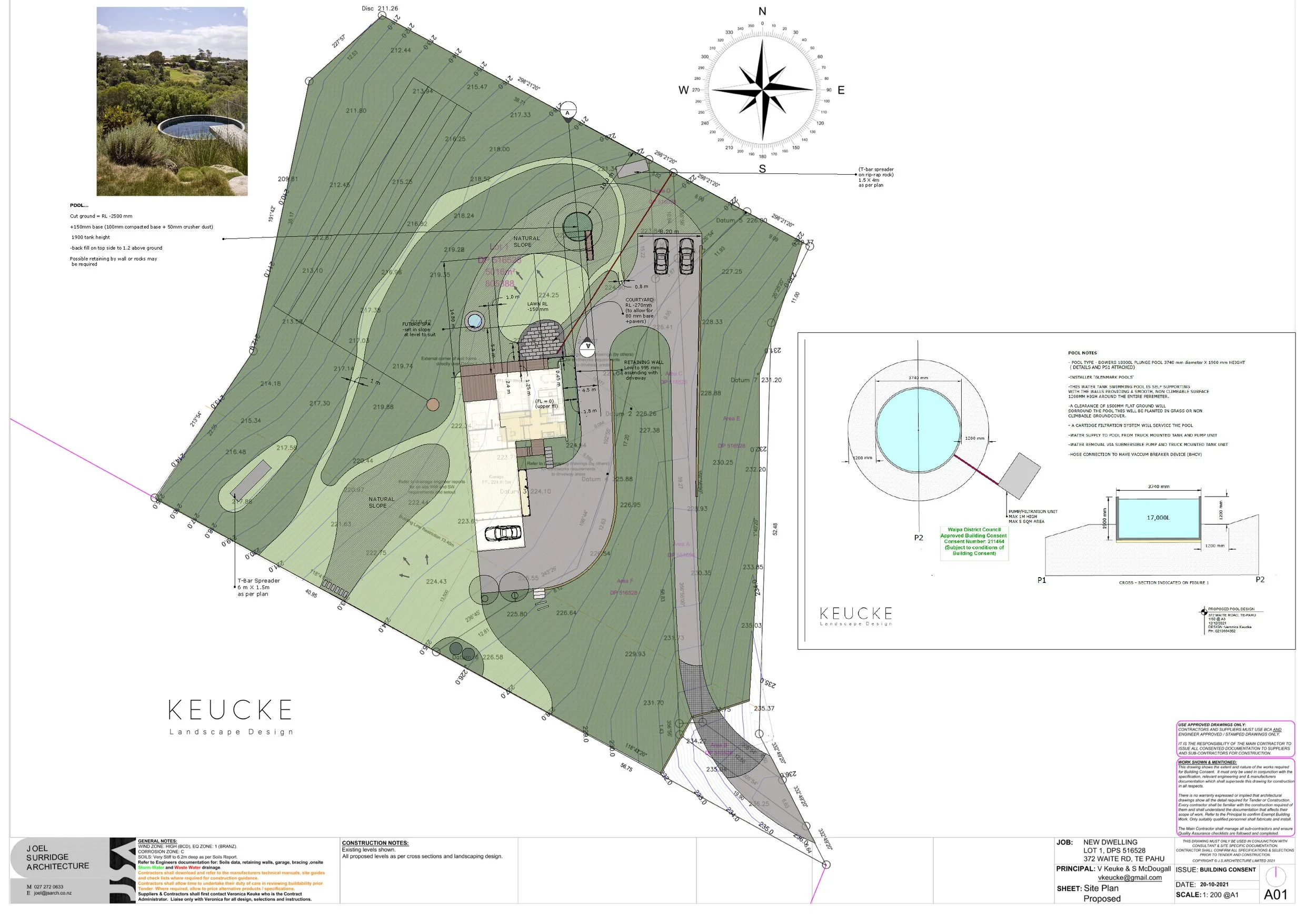 Landscape design plan for a residential property with detailed landscaping features, a pool, driveway, lawn, and architectural structures.