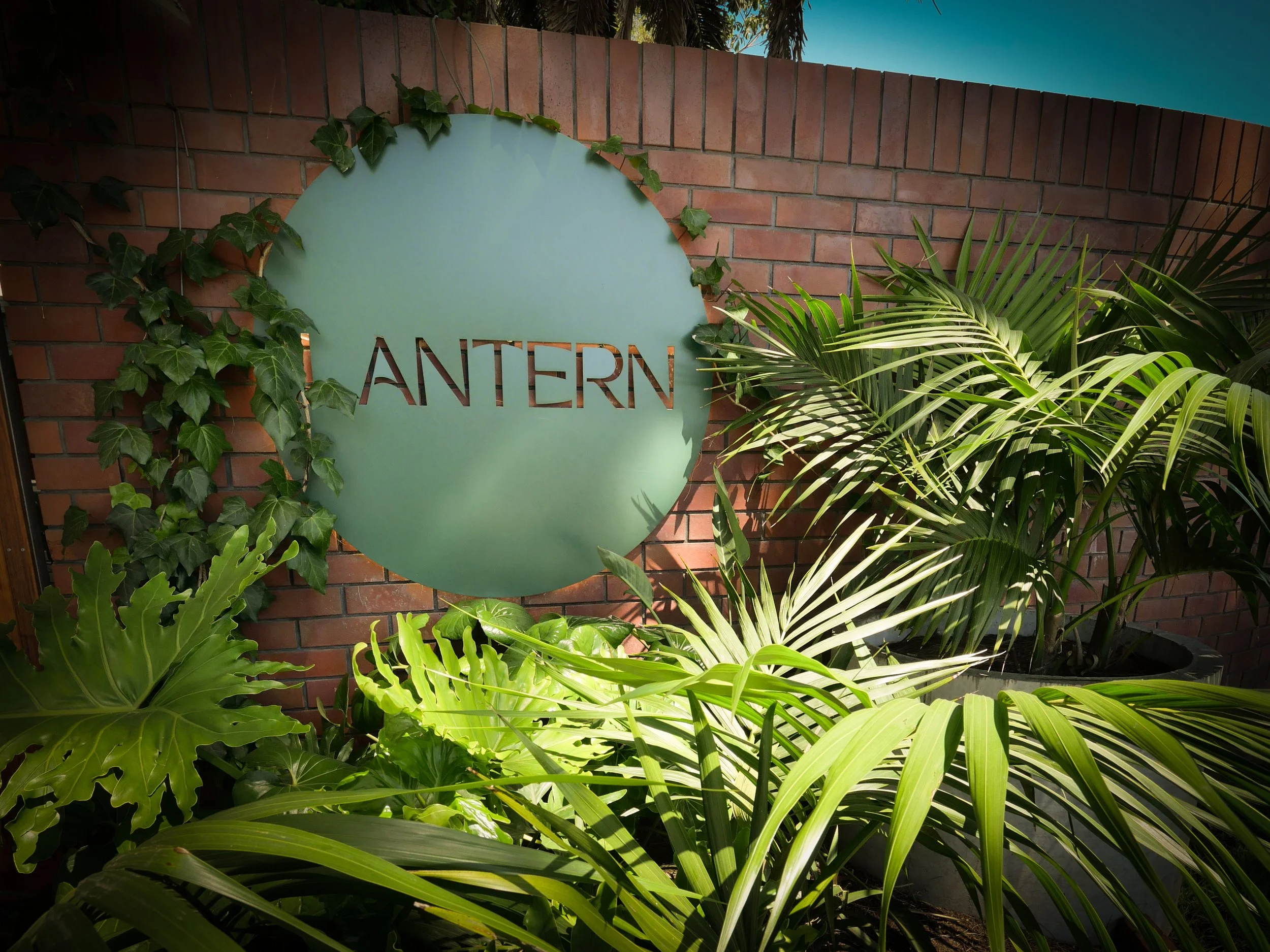 Lantern restaurant sign mounted on a red brick wall, surrounded by lush green plants and foliage, Papamoa, NZ.