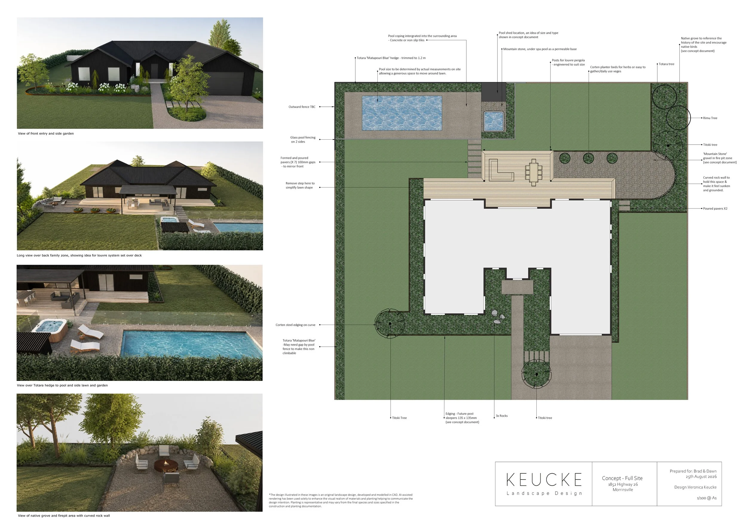 Landscape design for New Build, rural Waikato landscape design with pool, contemporary garden design with NZ natives
