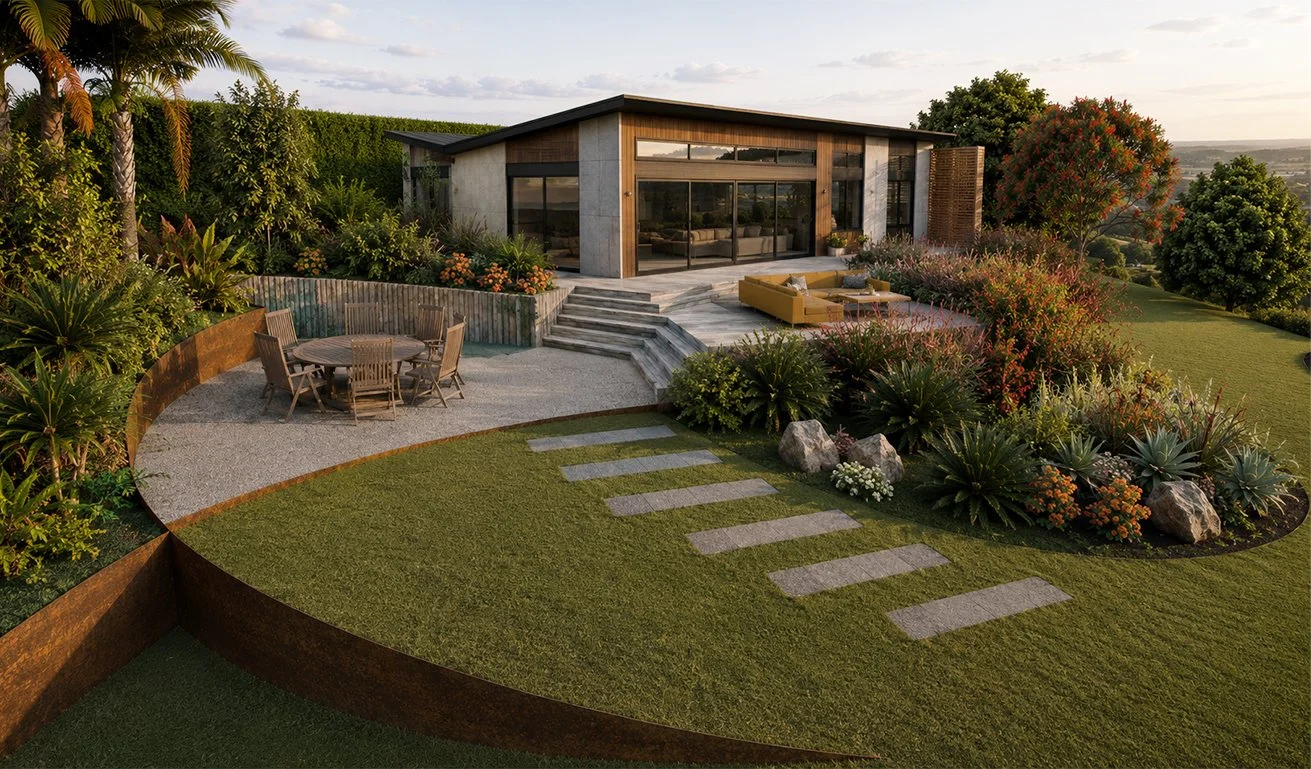 Realistic renders of a Landscape Design for a site in Raglan, Waikato. Shows artistic,  planting and design with modern architecture. designer Keucke Studio