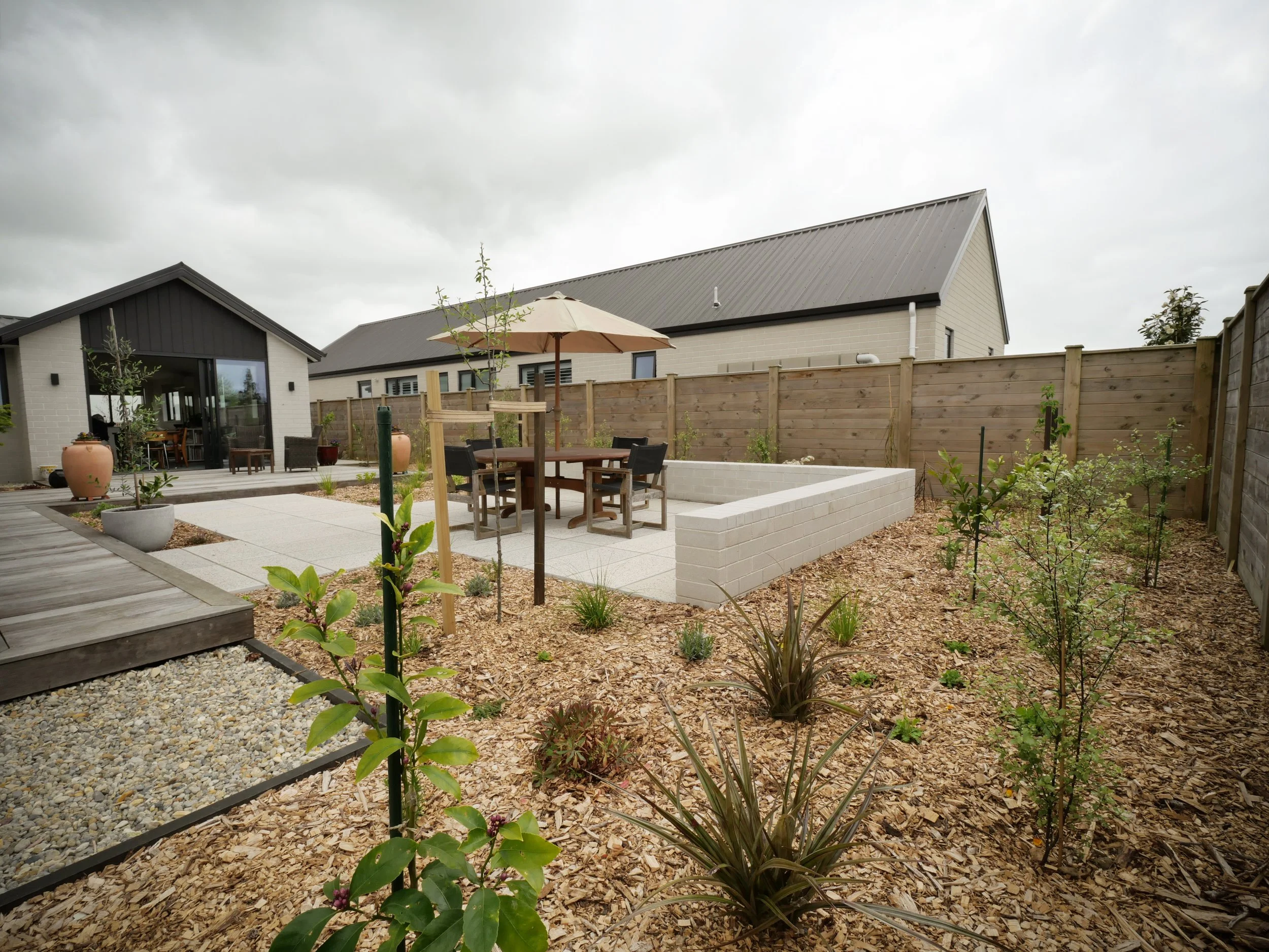 A  modern, fresh courtyard Landscape design featuring a low block wall, handmade, bespoke concrete pavers and NZ native planting on a small site with no lawn in Cambridge, New Zealand