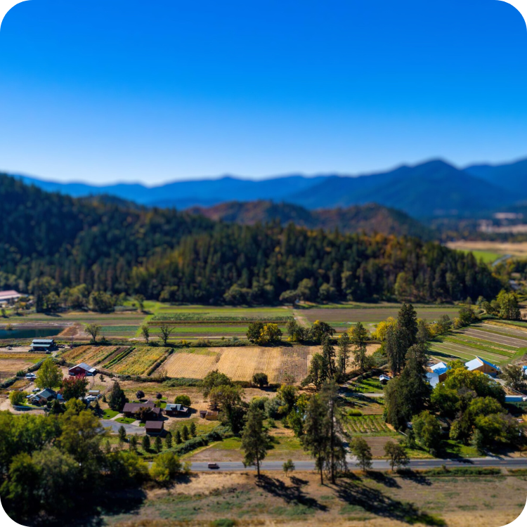 Aerial view of a rural landscape with farmland, houses, and trees, with mountains in the background and a clear blue sky.