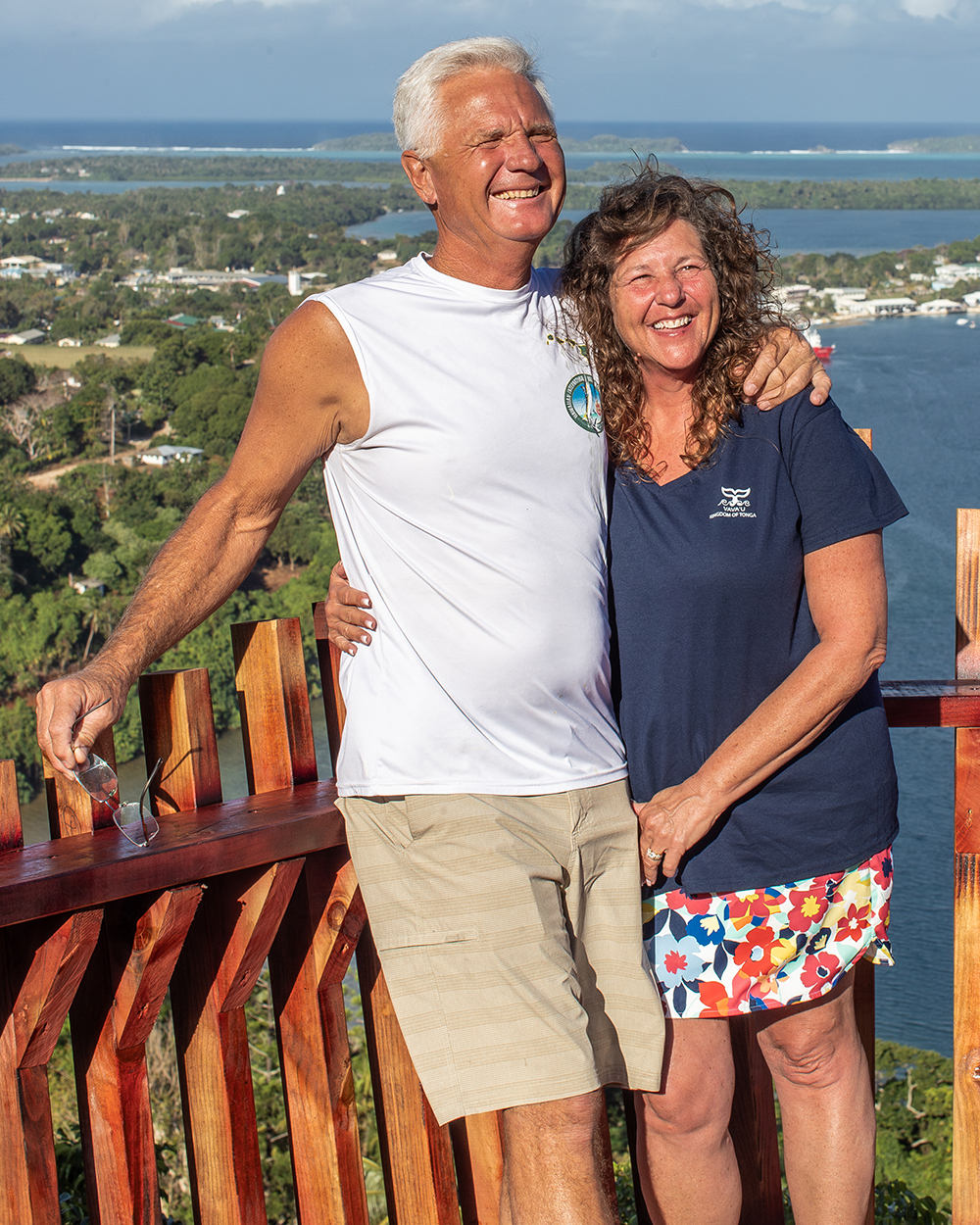 Couple smiling on Tonga lookout 