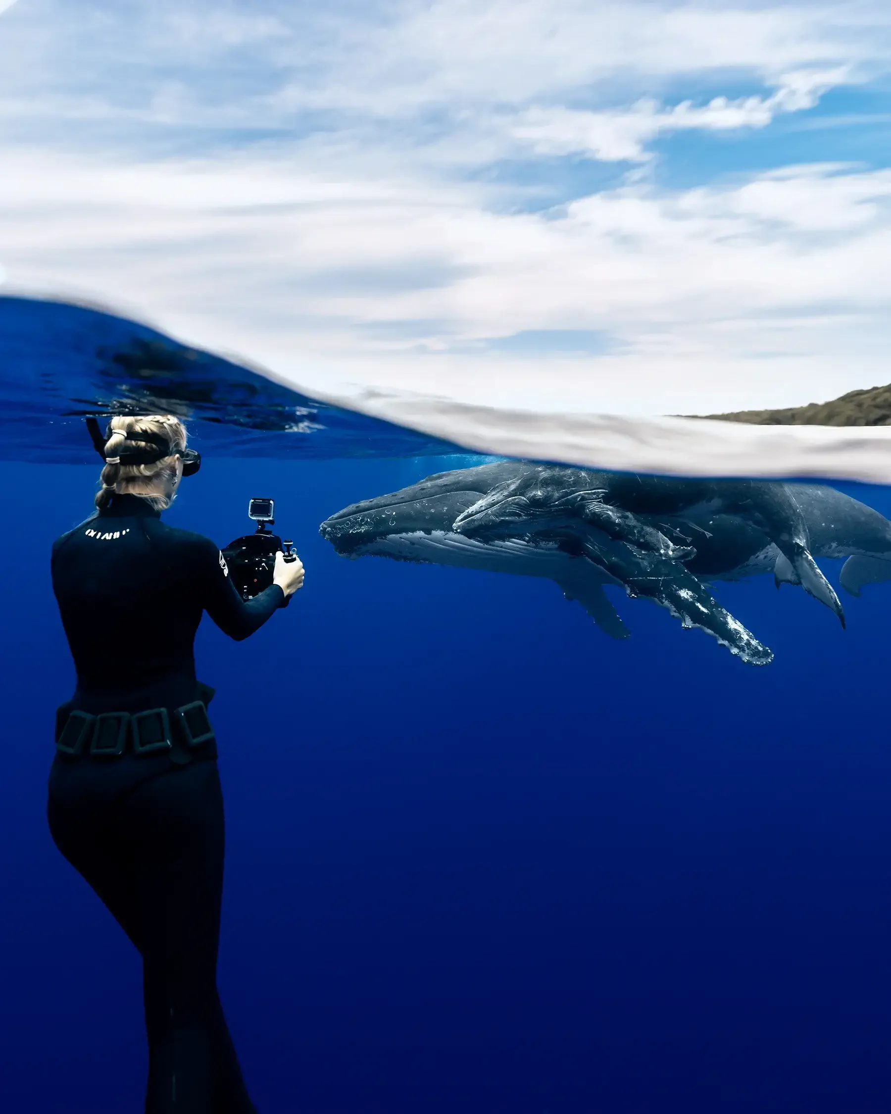 A person with blonde hair in a braid, wearing dark clothing and a diving mask, takes a photo underwater of a large whale shark swimming beneath the surface, with a blue sky and clouds overhead.