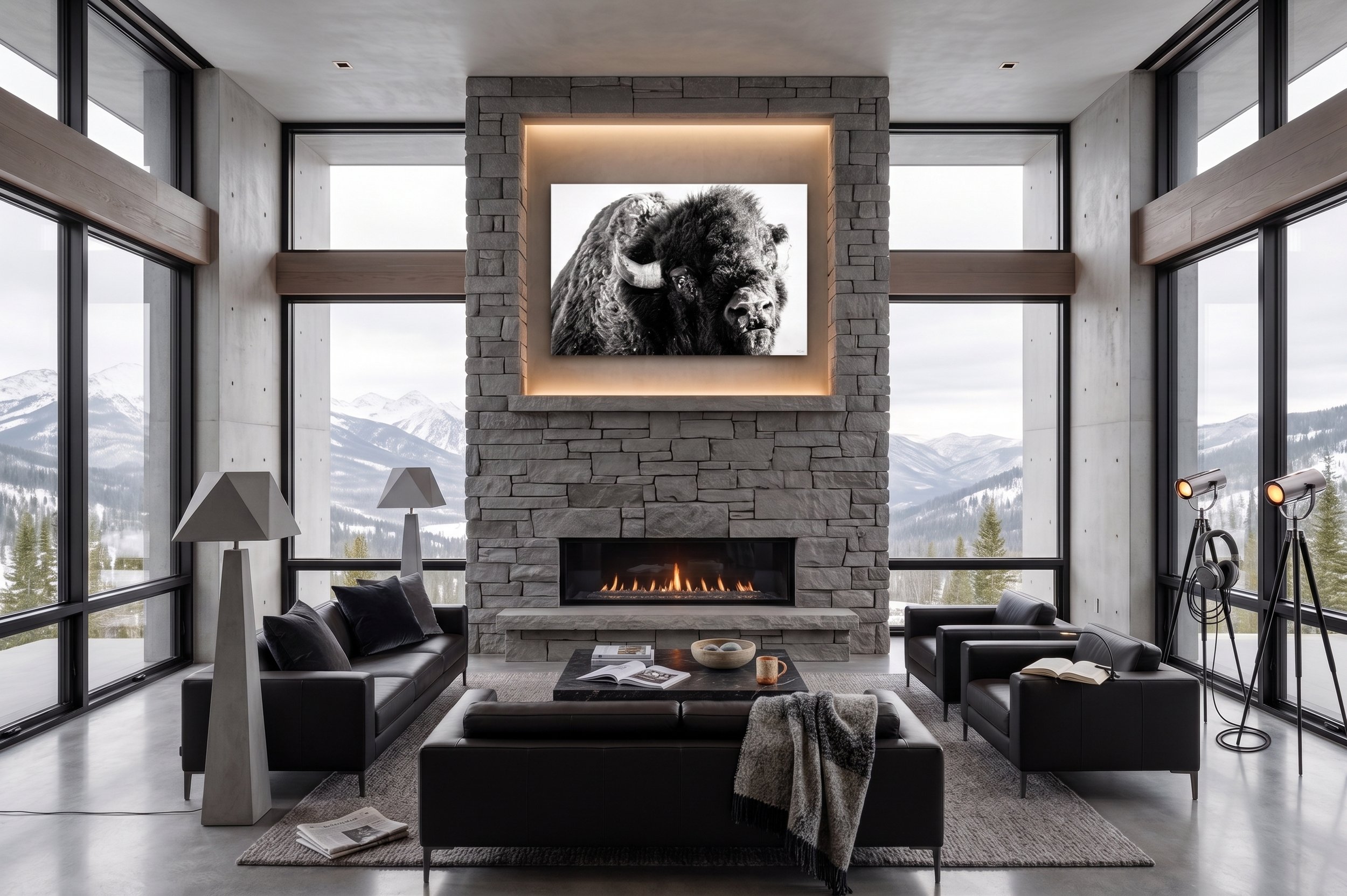 Tatanka the bison printed on large canvas in a contemporary mountain home.