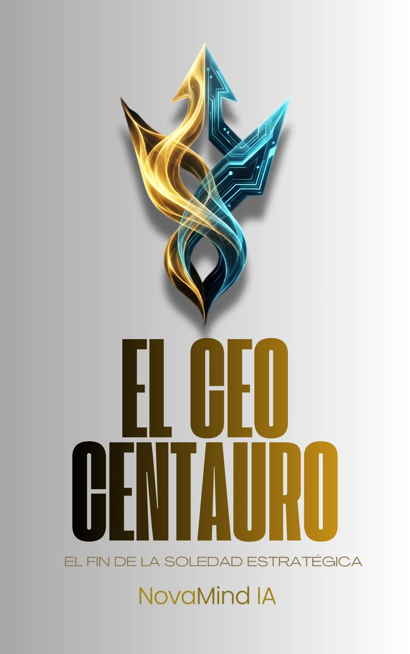 Imagen de un logotipo con formas abstractas en colores dorado y azul, acompañadas de texto en español que dice 'El CEO Centauro', 'El fin de la soledad estratégica' y 'NovaMind IA'.