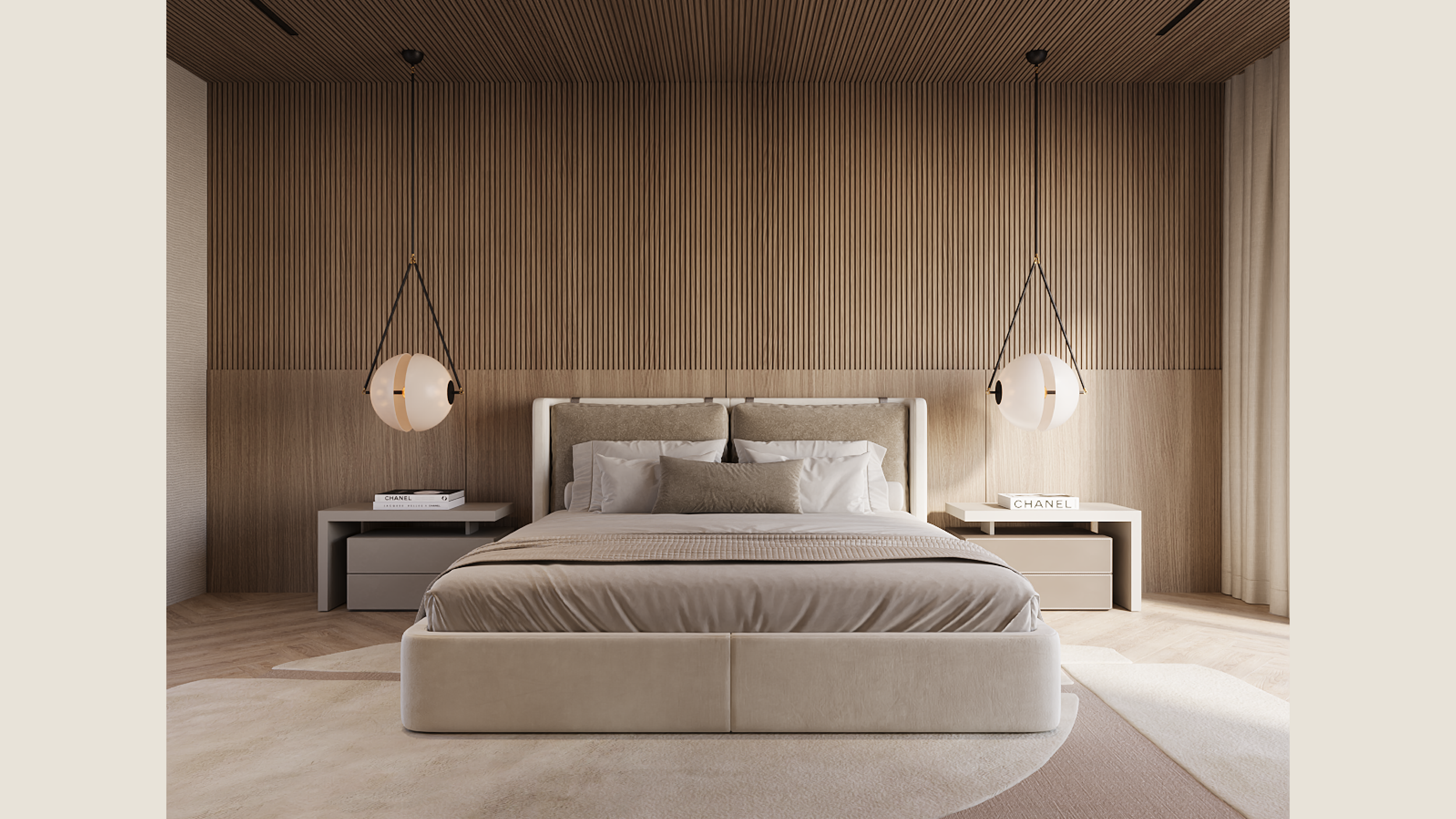 A modern bedroom with a large bed, beige upholstered headboard, and white bedding. Two nightstands with books, decorative pillows, hanging pendant lights, and floor-to-ceiling curtains on the right side.