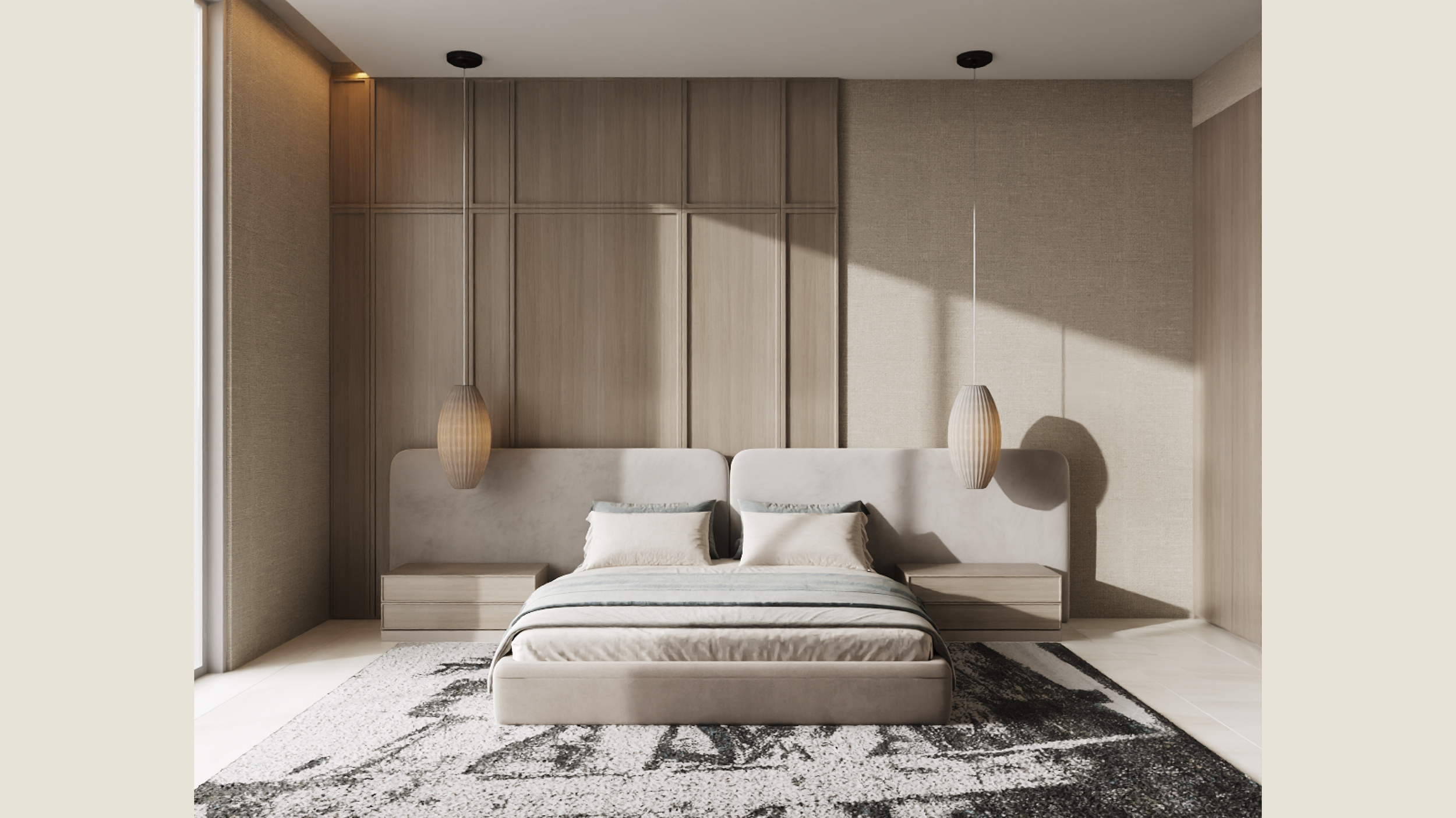 Modern bedroom with a large bed, hanging pendant lights, and wooden wall panels.