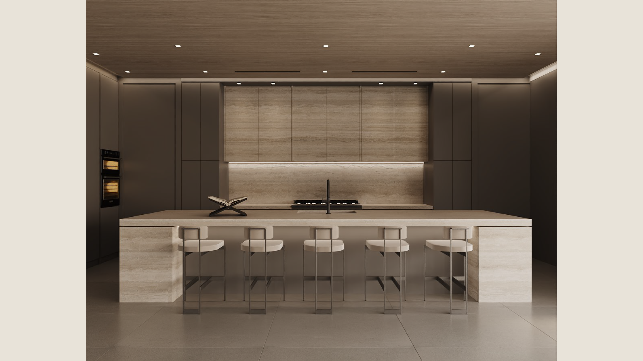 Modern kitchen with beige island, bar stools, built-in oven, and minimalist design.