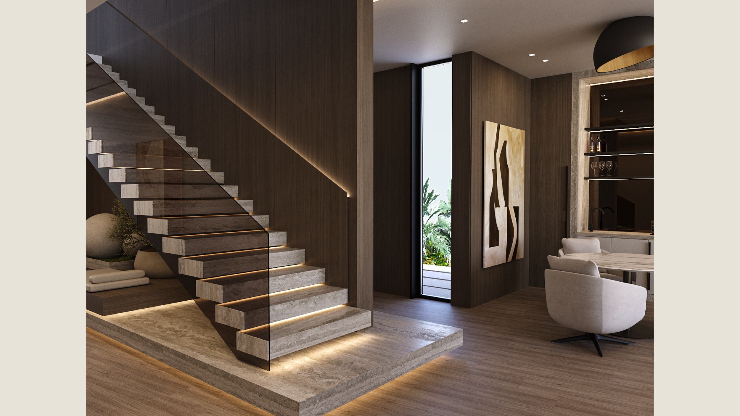Modern interior living space with a floating staircase, wooden wall paneling, abstract wall art, and a seating area with white chairs. Large window with outdoor greenery visible.