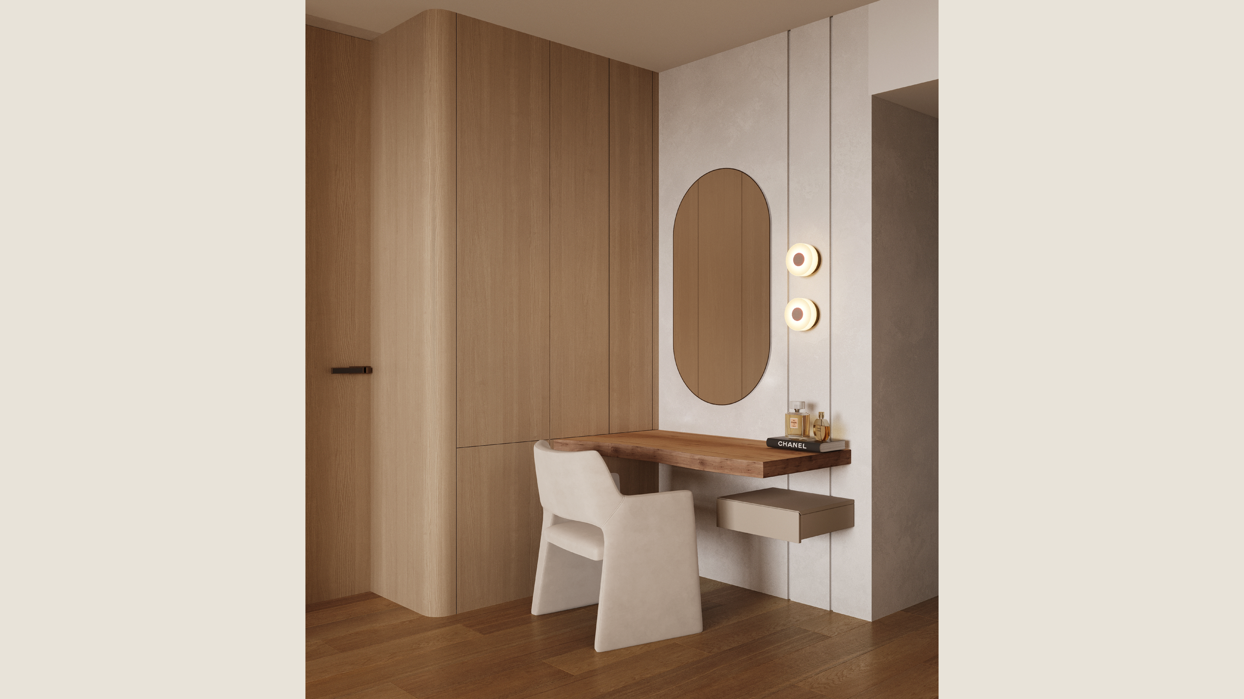 A minimalist vanity area featuring a wooden wall-mounted desk with a white chair, a large oval mirror, two embedded lights, and Chanel perfume bottles on a black shelf.