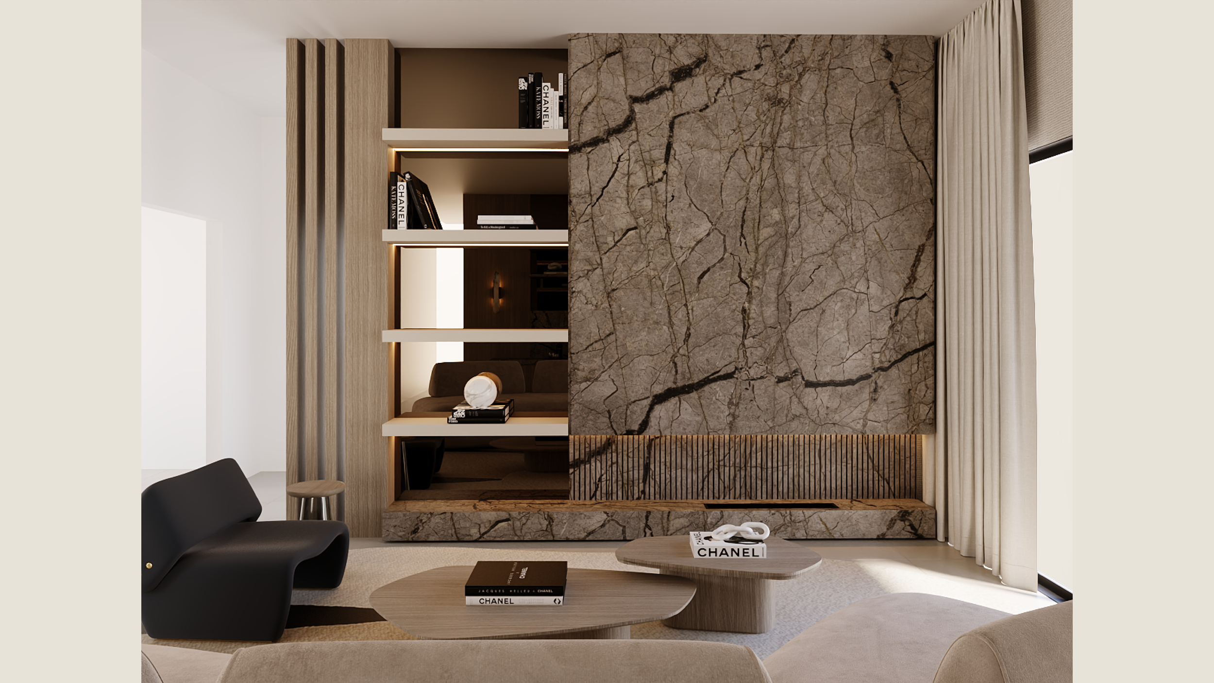Modern living room with a large marble accent wall, beige and black furniture, open shelving with books, and a window with light-colored curtains.