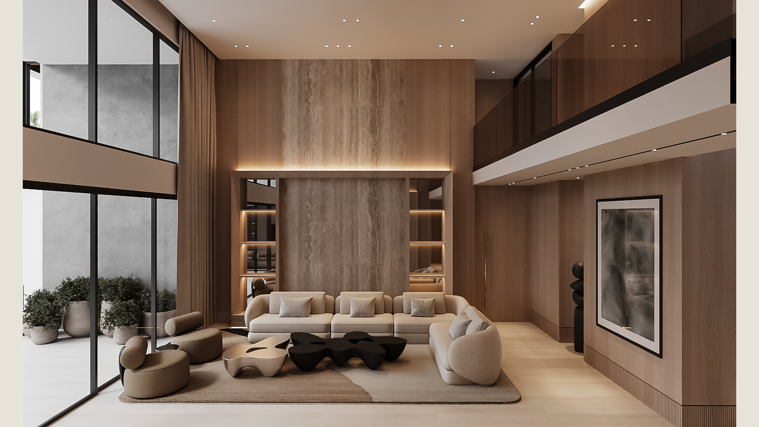 Modern living room with beige sofas, unique coffee tables, large windows, and wood-paneled walls.