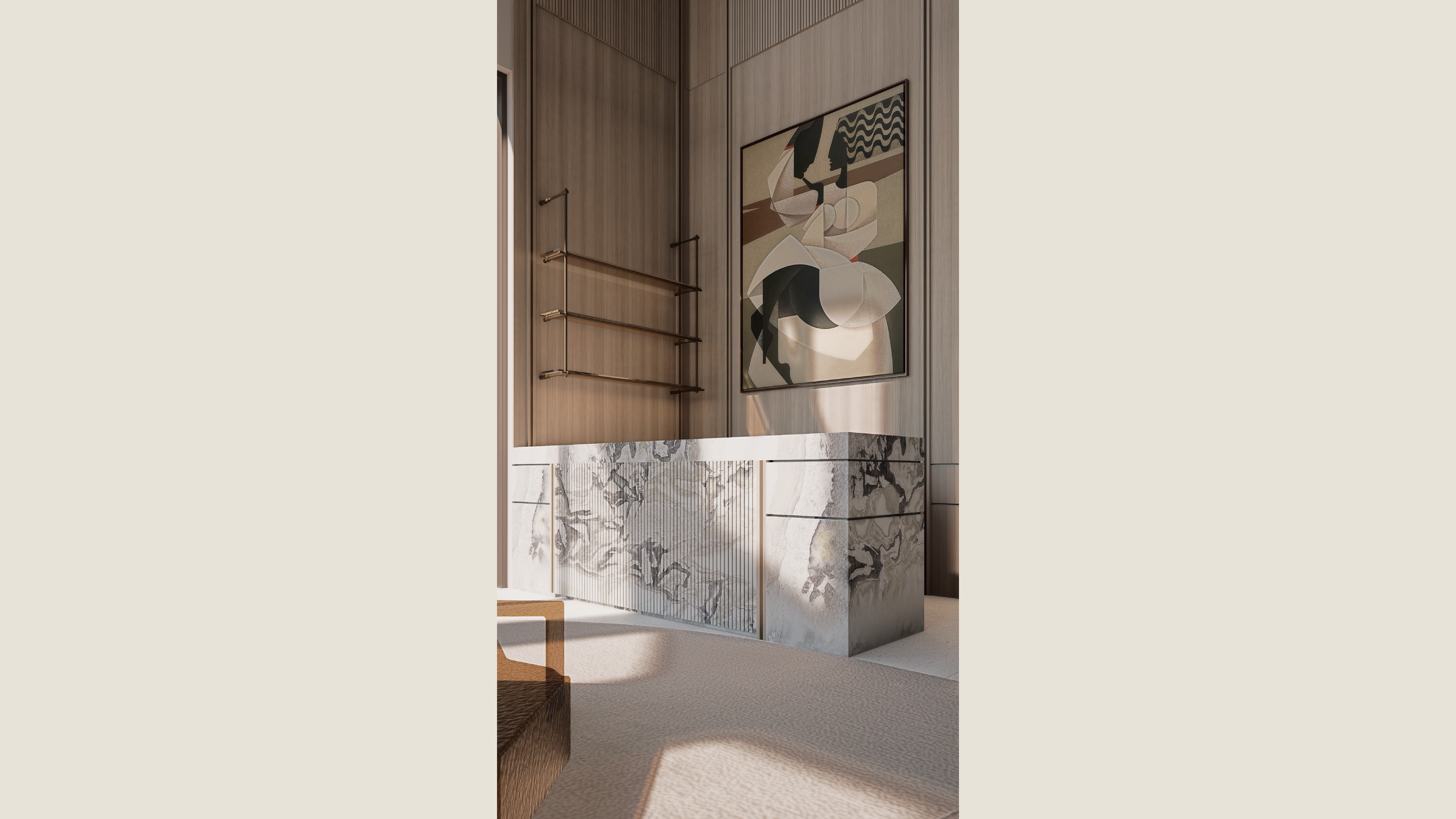 Modern interior wall with abstract artwork, wooden paneling, and marble details, illuminated by natural sunlight.