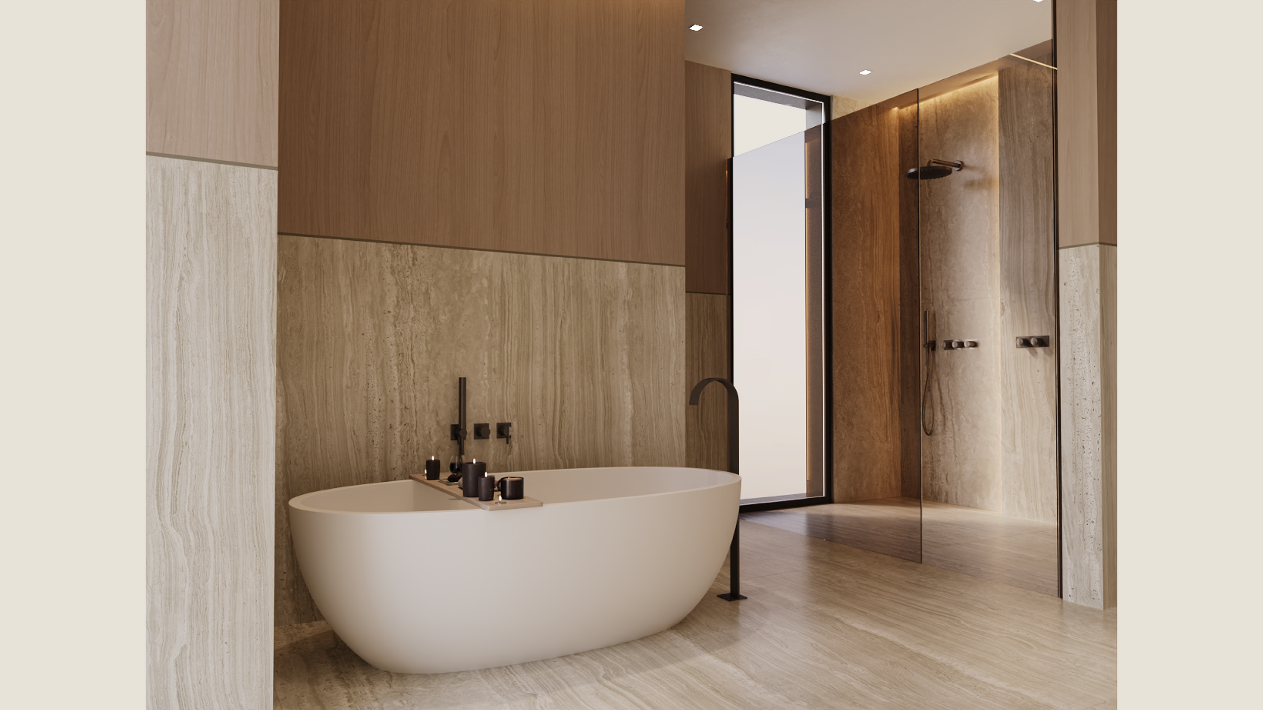 Modern bathroom with a freestanding bathtub, black fixtures, and a glass-enclosed shower area with a rainfall showerhead, neutral beige and wood tones, and a large window allowing natural light.