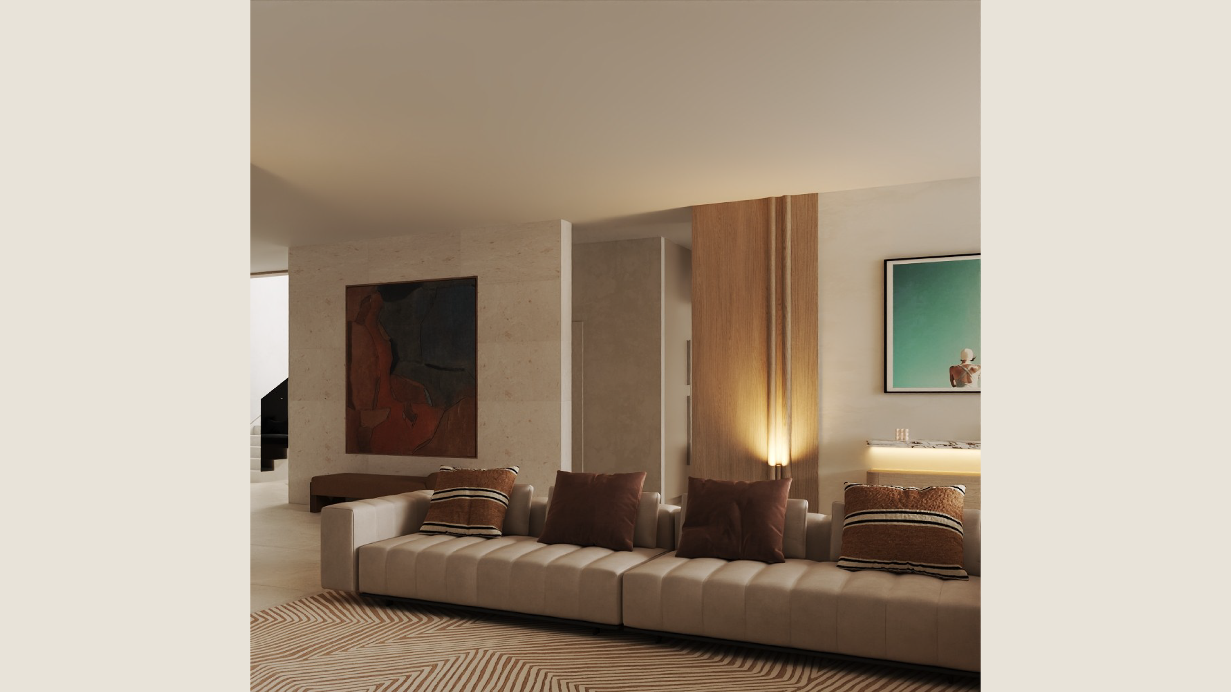 Modern living room with a long beige sofa, brown and patterned pillows, an abstract painting on the wall, and soft lighting.