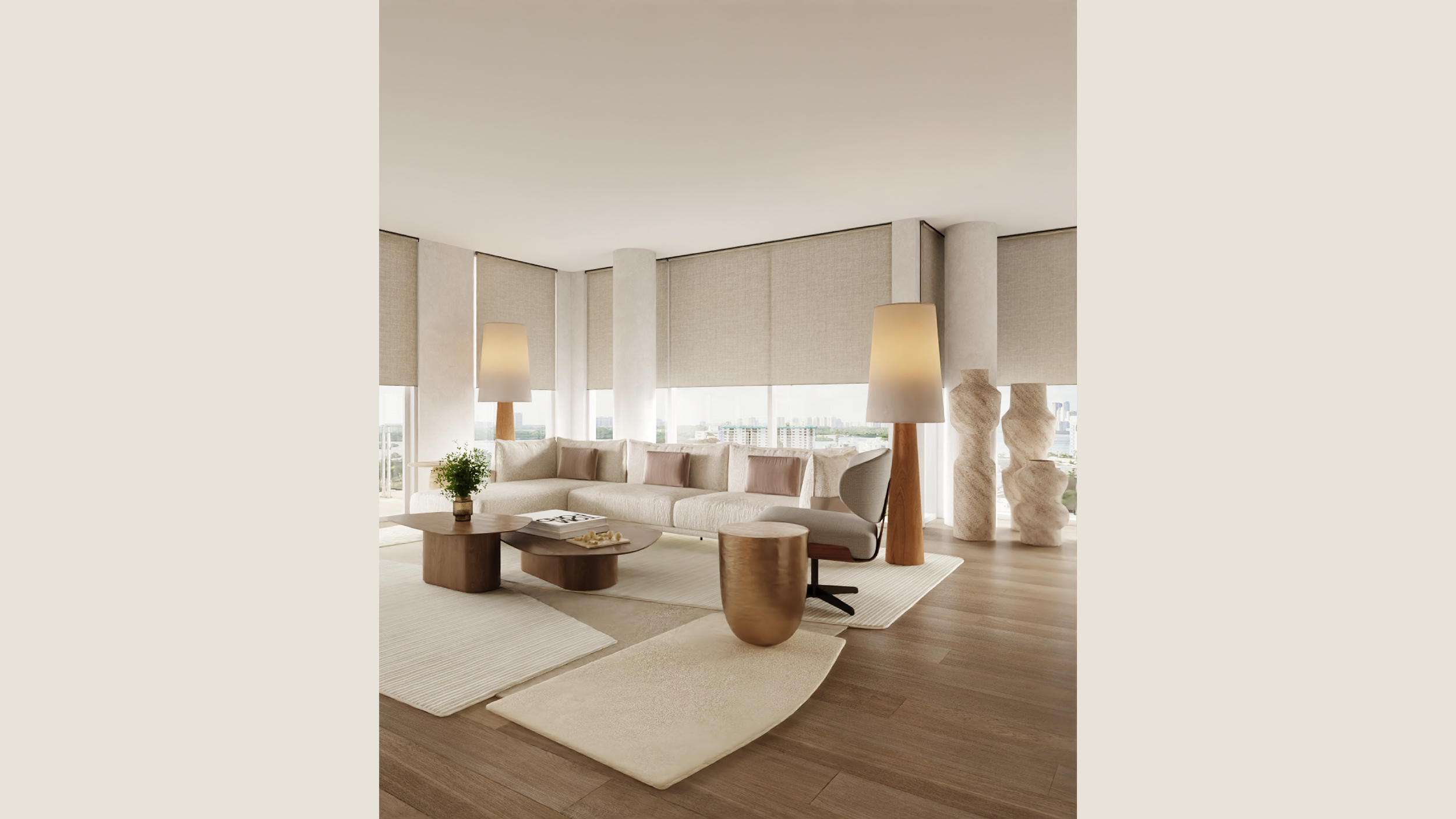 Modern, minimalist living room with a white sectional sofa, beige cushions, wooden coffee table, tall floor lamps with beige shades, artful textured vases, and large windows with neutral roller shades, all on a wooden floor with cream area rugs.