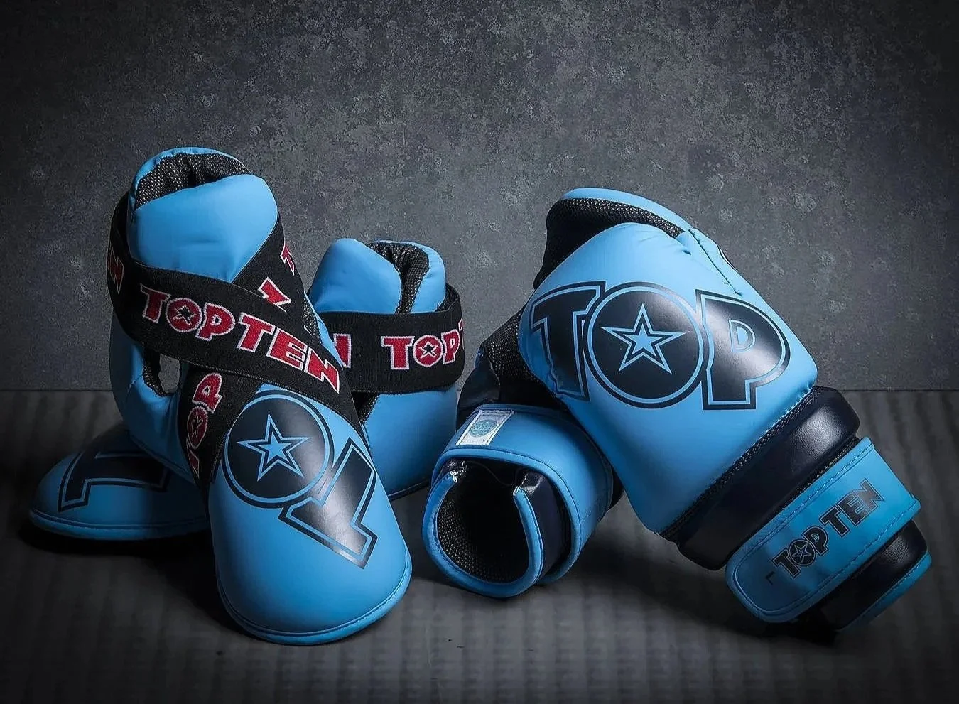 TOP TEN Point fighter Glossy Block Sparring Gloves and Kicks Superlights Light Blue-Navy Blue