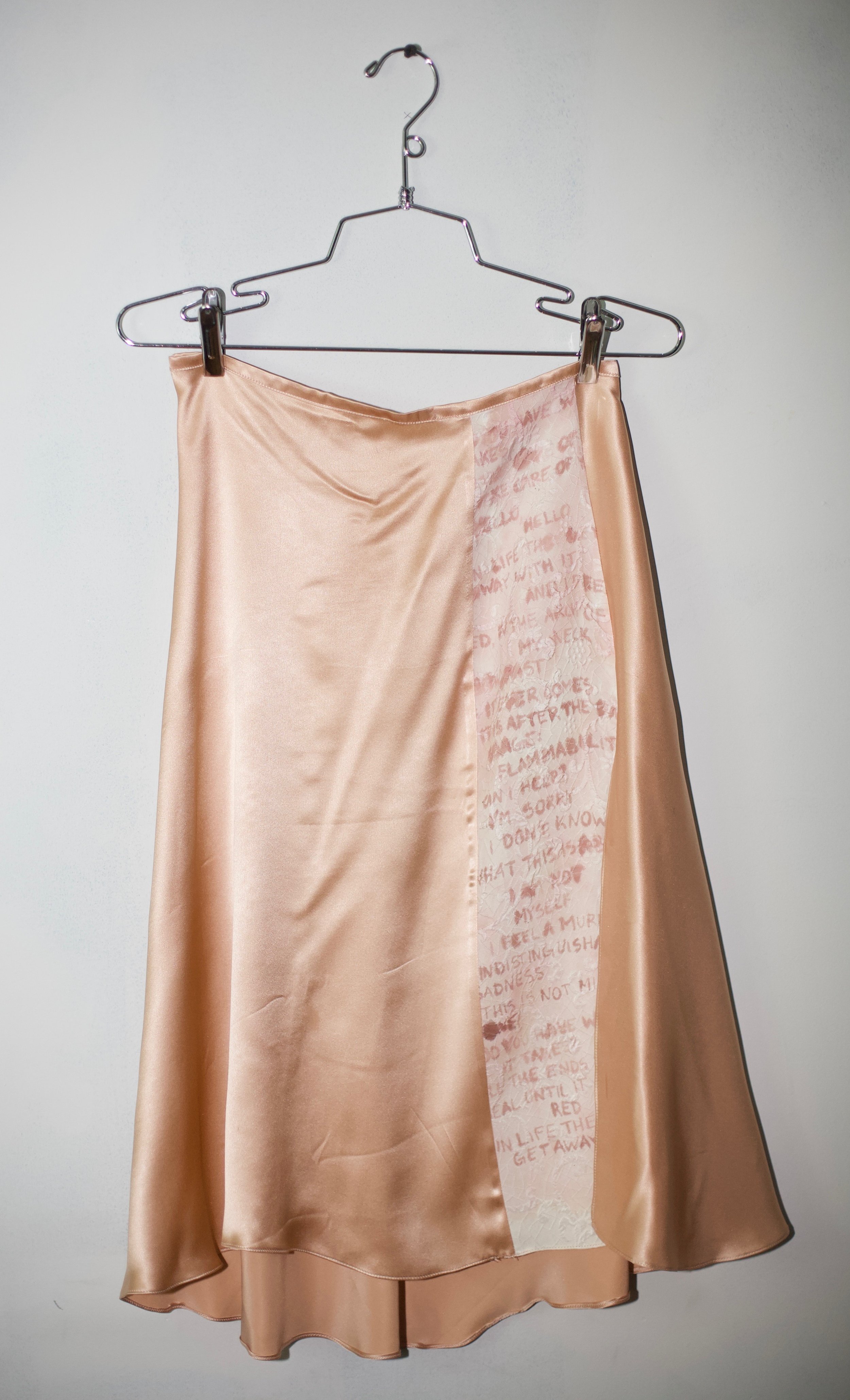 Hand painted poetry panel, bias cut satin blend skirt 