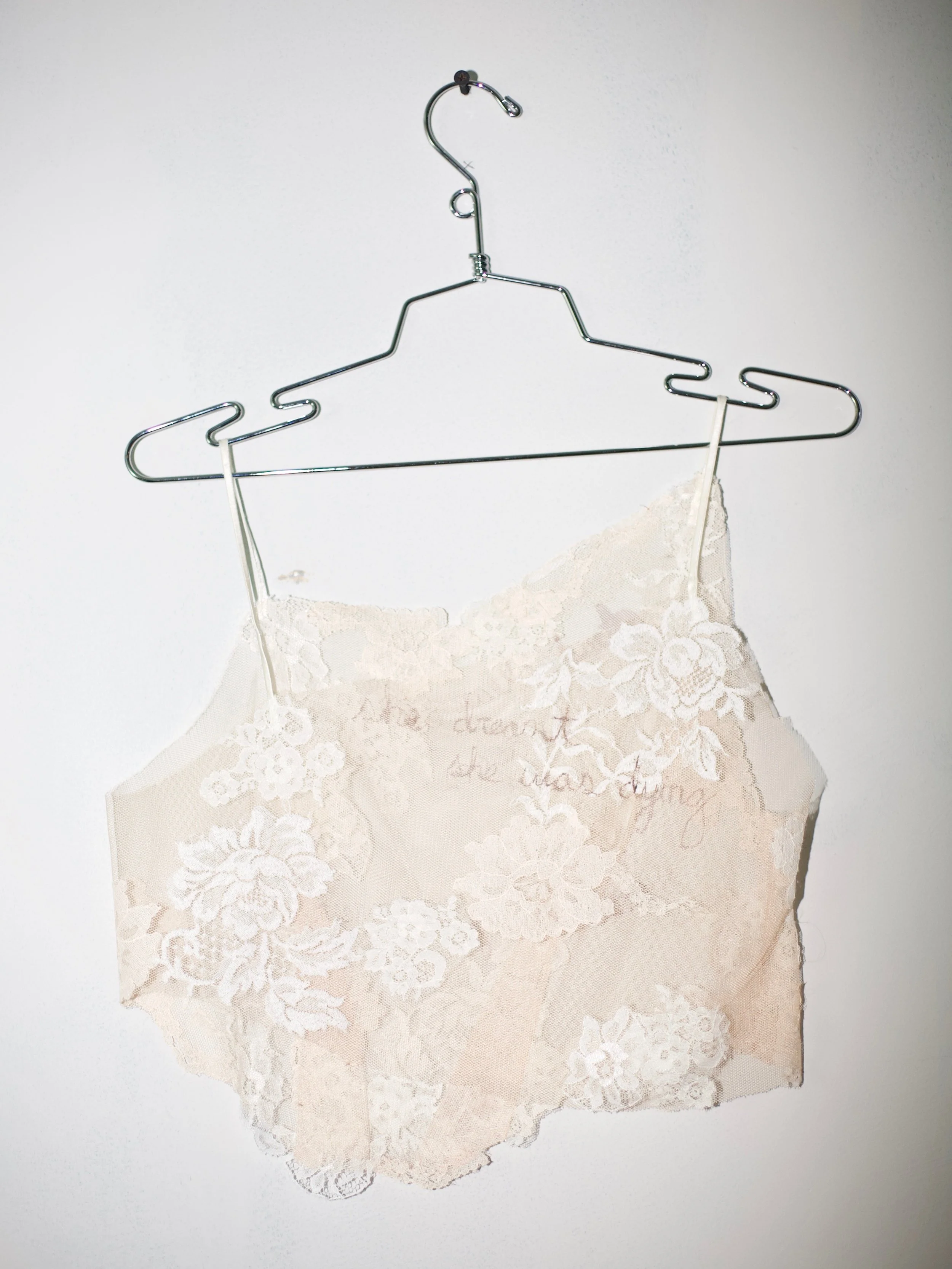 Tulle painted with text inspired by my grandmother, and a day spent thinking of her. Hand cut appliquéd lace, vintage satin straps 