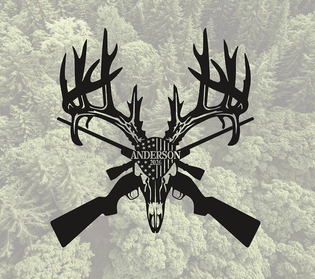 ITEM 87 - 20.6"W x 21.5”H - Custom Deer Skull & Rifles