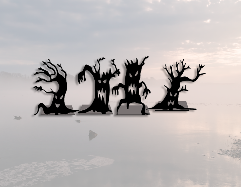 ITEM 105 - 7" Tall, Set - Scary Halloween Trees,Stands Set of Four