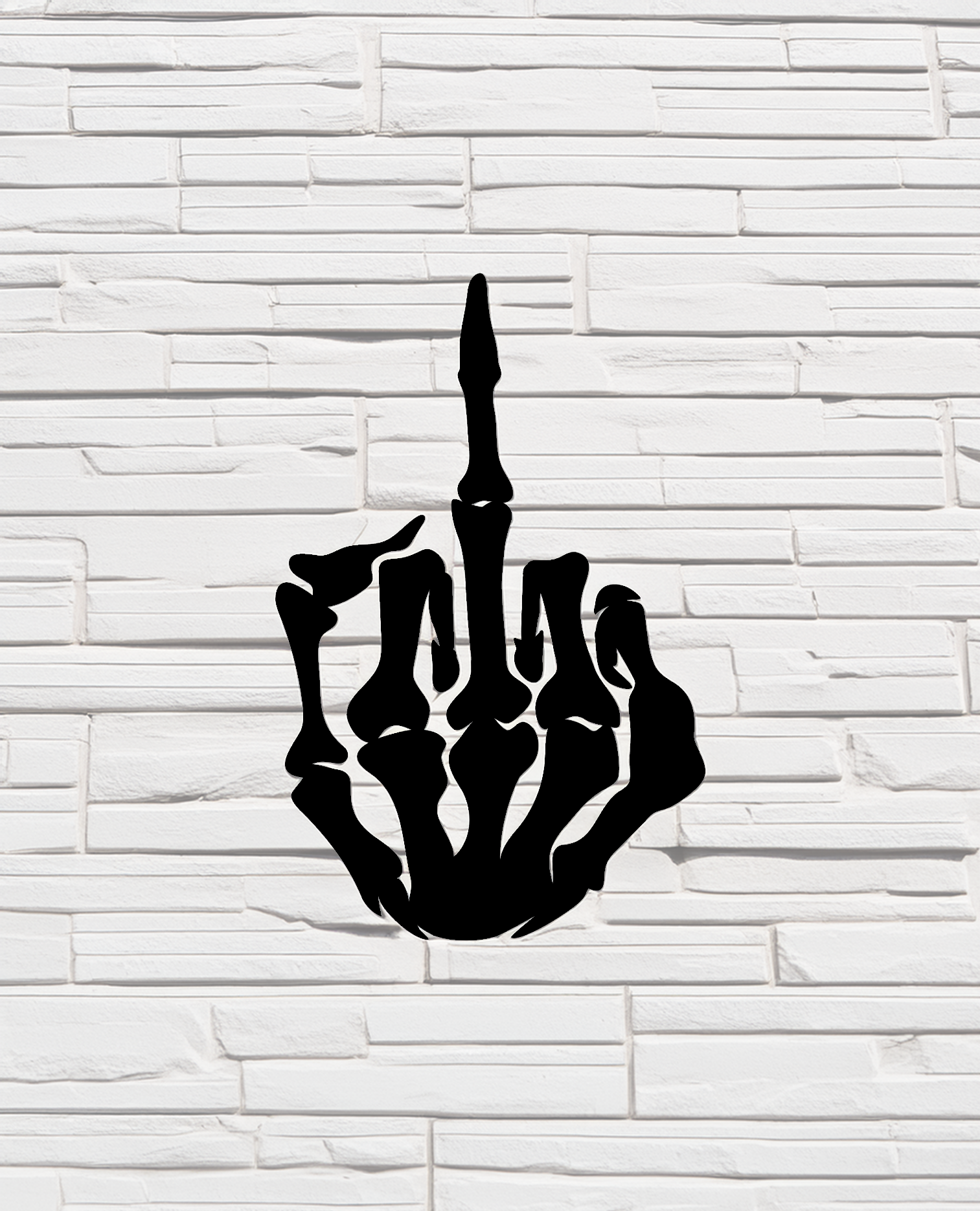 Silhouette of a skeletal hand making a rude gesture with the middle finger extended.