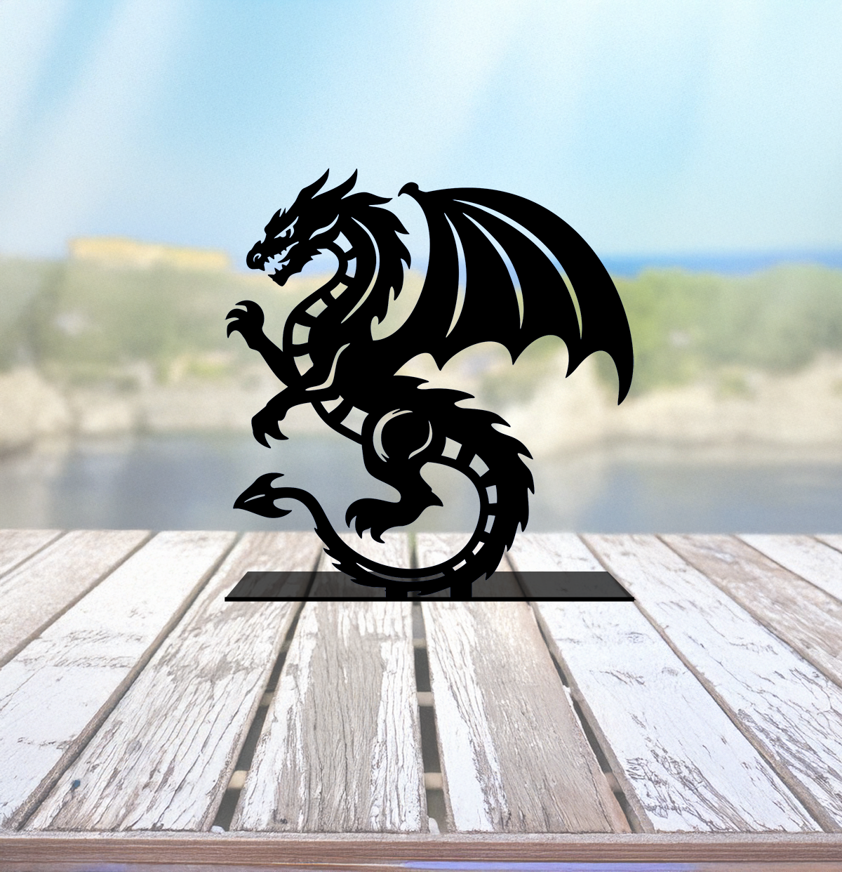 12.5"H x 9.5"W - Dragon desktop sign made out of carbon steel and Powder Coated in Your Color of Choice. Ideal for home shelf or office desk.